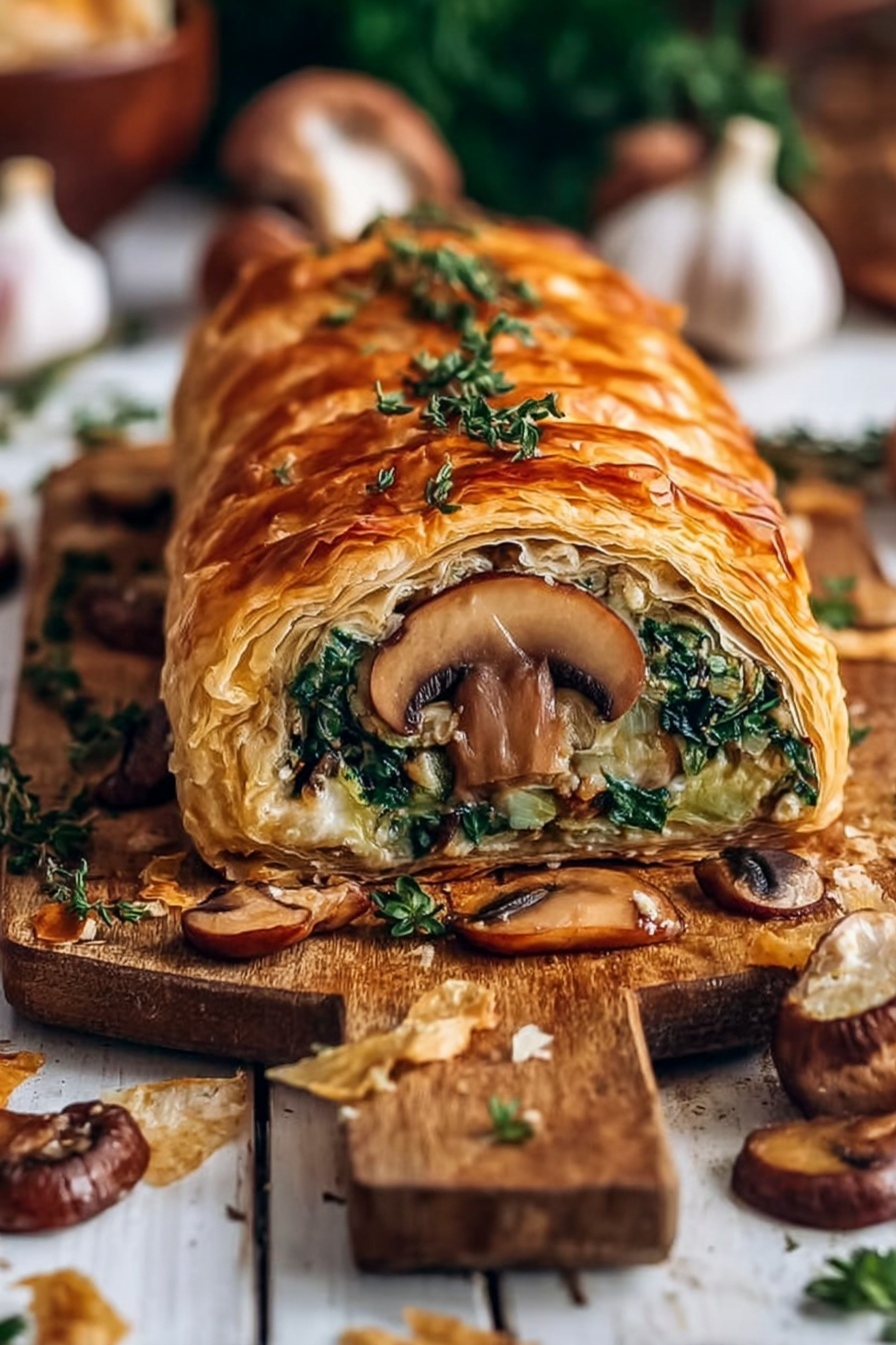 The image shows a sliced pastry loaf with golden brown, flaky layers on the outside. Inside, the layers include green leafy vegetables and beige mushrooms, with a large mushroom slice visible in the center. The pastry is sitting on a wooden board with scattered mushrooms, herbs, and small pieces of the pastry crust around it. The background has blurred garlic bulbs and other kitchen items, all set on a white marbled surface. The focus is on the front slice and the texture of the pastry and filling. Photo taken with an iphone --ar 2:3 --v 7 - Vegan Mushroom Wellington, plant-based mushroom Wellington, vegan savory pastry, mushroom Wellington recipe, vegan holiday dinner