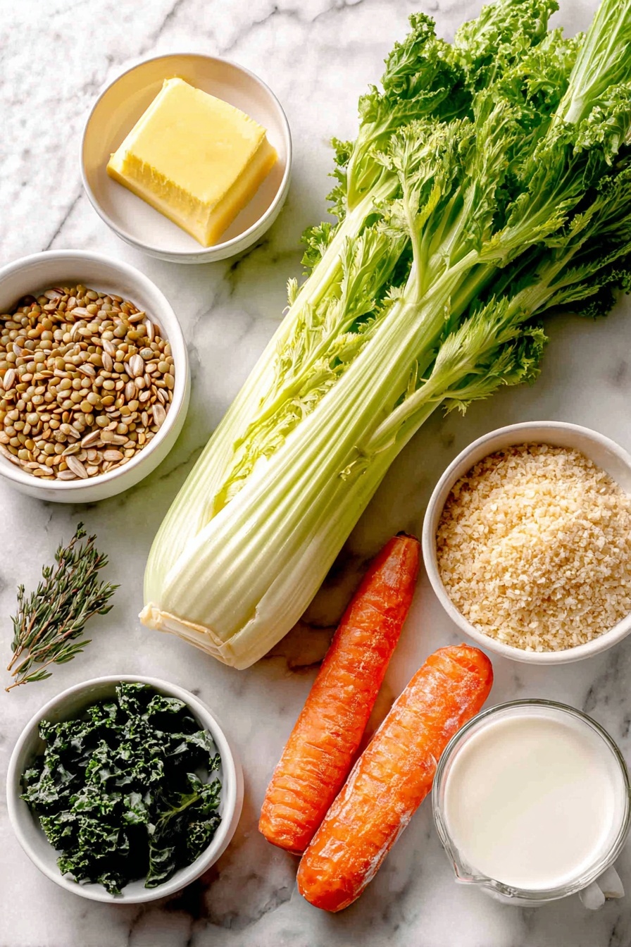Flat lay of a single frozen sheet of puff pastry, a large peeled and chopped bright orange carrot, a large celery stalk chopped into fresh green pieces, a small white ceramic bowl of golden vegan butter, a small white bowl filled with dry green lentils, a small white bowl of clear water, a few dried fresh herbs including sage and thyme sprigs, a small white bowl with coarsely chopped roasted unsalted sunflower seeds, loosely packed chopped dark green kale leaves, a small white bowl of light tan panko breadcrumbs, a small white bowl of creamy off-white non-dairy milk, all arranged with perfect symmetry on a clean white marble surface, soft natural light, photo taken with an iPhone, professional food photography style, fresh ingredients, white ceramic bowls, no bottles, no duplicates, no utensils, no packaging --ar 2:3 --v 7 --p m7354615311229779997 - Vegan Lentil Wellington, vegan savory pastry, plant-based Wellington, vegan holiday dinner, vegetarian Lentil Wellington