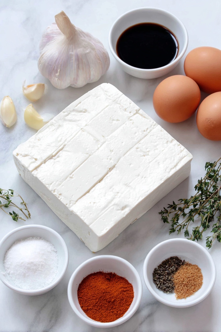 Flat lay of a whole block of extra firm tofu with neat crosshatch cuts, a few whole garlic cloves, half a small fresh yellow onion, a small white bowl of dark gluten-free soy sauce, a small white bowl of golden maple syrup, a small white bowl of bright red chili garlic sauce, a small white bowl of brown mustard, a small white bowl of loose brown sugar, a small white bowl with dried thyme leaves, three whole uncracked brown eggs, scattered whole cloves, and a small white bowl of orange smoked paprika, placed on a clean white marble surface, soft natural light, photo taken with an iPhone, professional food photography style, fresh ingredients, white ceramic bowls, no bottles, no duplicates, no utensils, no packaging --ar 2:3 --v 7 --p m7354615311229779997 - Brown Sugar Glazed Tofu, plant-based tofu glaze, sweet savory tofu, caramelized tofu recipe, vegan tofu dishes