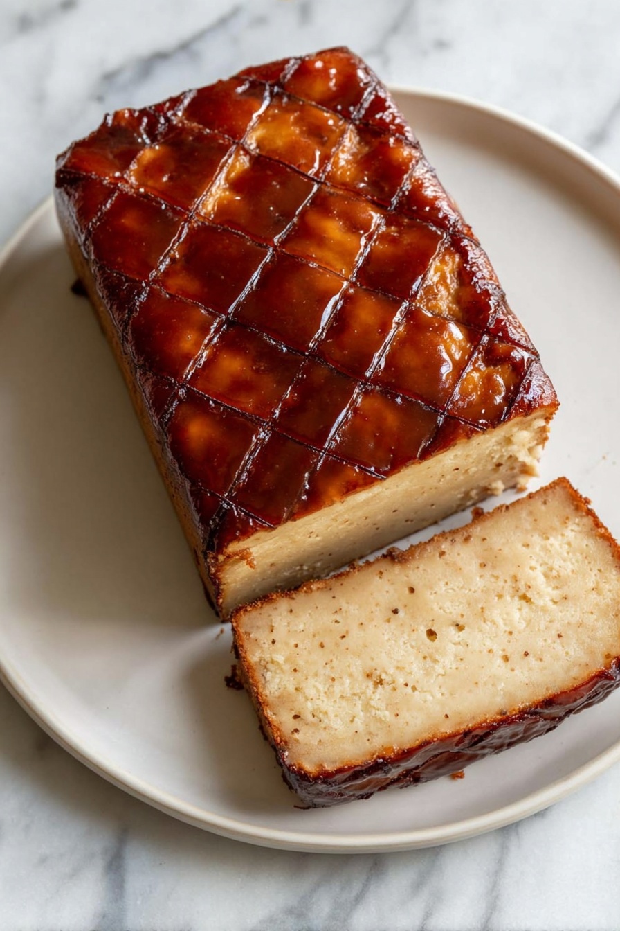 A rectangular loaf with two visible layers placed on a white plate on a white marbled surface; the top layer is a shiny, dark brown glaze with a crisscross pattern of shallow grooves, while the bottom layer has a creamy beige color with a slightly rough texture and some darker edges. One slice is cut from the loaf, showing the boundary between the glossy top and matte bottom layers. Photo taken with an iphone --ar 2:3 --v 7 - Brown Sugar Glazed Tofu, plant-based tofu glaze, sweet savory tofu, caramelized tofu recipe, vegan tofu dishes