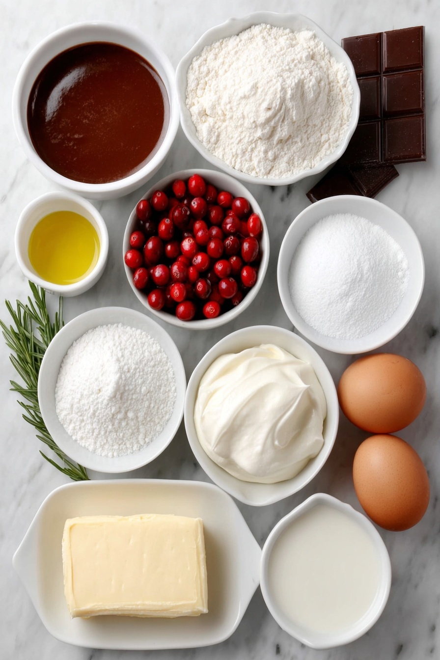 Flat lay of a small white ceramic bowl of glossy aquafaba, a small white ceramic bowl of fine caster sugar, a small white ceramic bowl of plain all-purpose flour, a small white ceramic bowl of rich cocoa powder, a small white ceramic bowl with baking powder and a pinch of salt, a small white ceramic bowl of smooth applesauce, a small white ceramic bowl of golden olive oil, a small white ceramic bowl of creamy unsweetened soy milk, a small white ceramic bowl of vanilla extract, two whole uncracked brown eggs, a block of vegan butter on a white ceramic plate, a small white ceramic bowl of powdered icing sugar, a small white ceramic bowl of finely chopped dark chocolate, a small white ceramic bowl of vegan double cream, a few fresh sprigs of green rosemary, and a small white ceramic bowl of bright red cranberries placed on a clean white marble surface, soft natural light, photo taken with an iPhone, professional food photography style, fresh ingredients, white ceramic bowls, no bottles, no duplicates, no utensils, no packaging --ar 2:3 --v 7 --p m7354615311229779997 - Vegan Chocolate Yule Log, Vegan Chocolate Yule Log Recipe, Plant-Based Chocolate Yule Log, Vegan Christmas Cake, Dairy-Free Chocolate Yule Log