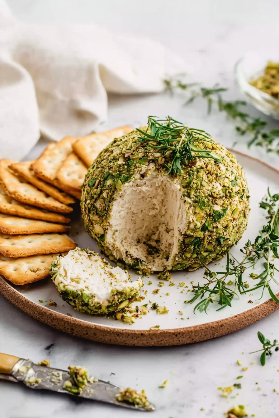 A round cheese ball covered in green crushed nuts and small green herb leaves sits in the center of a white plate with a brown edge, resting on a white marbled surface. The cheese ball is partially sliced open, showing a smooth, creamy white inside layer. Around the plate and cheese ball, there are sprigs of fresh green herbs and some crushed nut crumbs scattered on the surface. To the left, there are five square, golden-brown crackers lined up, with one cracker next to the plate holding a spread knife topped with soft white cheese mixed with bits of green herbs. The scene is light and bright, with a soft white cloth blurred in the background. Photo taken with an iphone --ar 2:3 --v 7 - Vegan Herb Cheese Ball, vegan appetizer, dairy-free cheese ball, party vegan snacks, creamy herb cheese ball