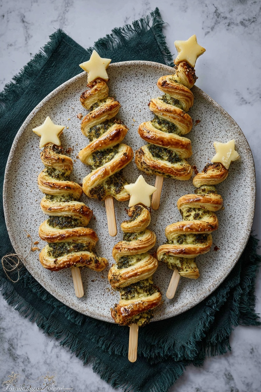 Two puff pastry sticks shaped like Christmas trees with a wavy, layered look and topped with small white star shapes on wooden skewers are placed inside a rustic bronze pitcher. The pastry layers are golden brown with green herb seasoning sprinkled on them. In the background, there is a white marbled texture surface with a white cloth and a dark tray holding more pastry trees blurred out. photo taken with an iphone --ar 2:3 --v 7 - Pesto Puff Pastry Christmas Trees, Christmas appetizer recipes, holiday puff pastry snacks, festive party appetizers, easy Christmas party treats