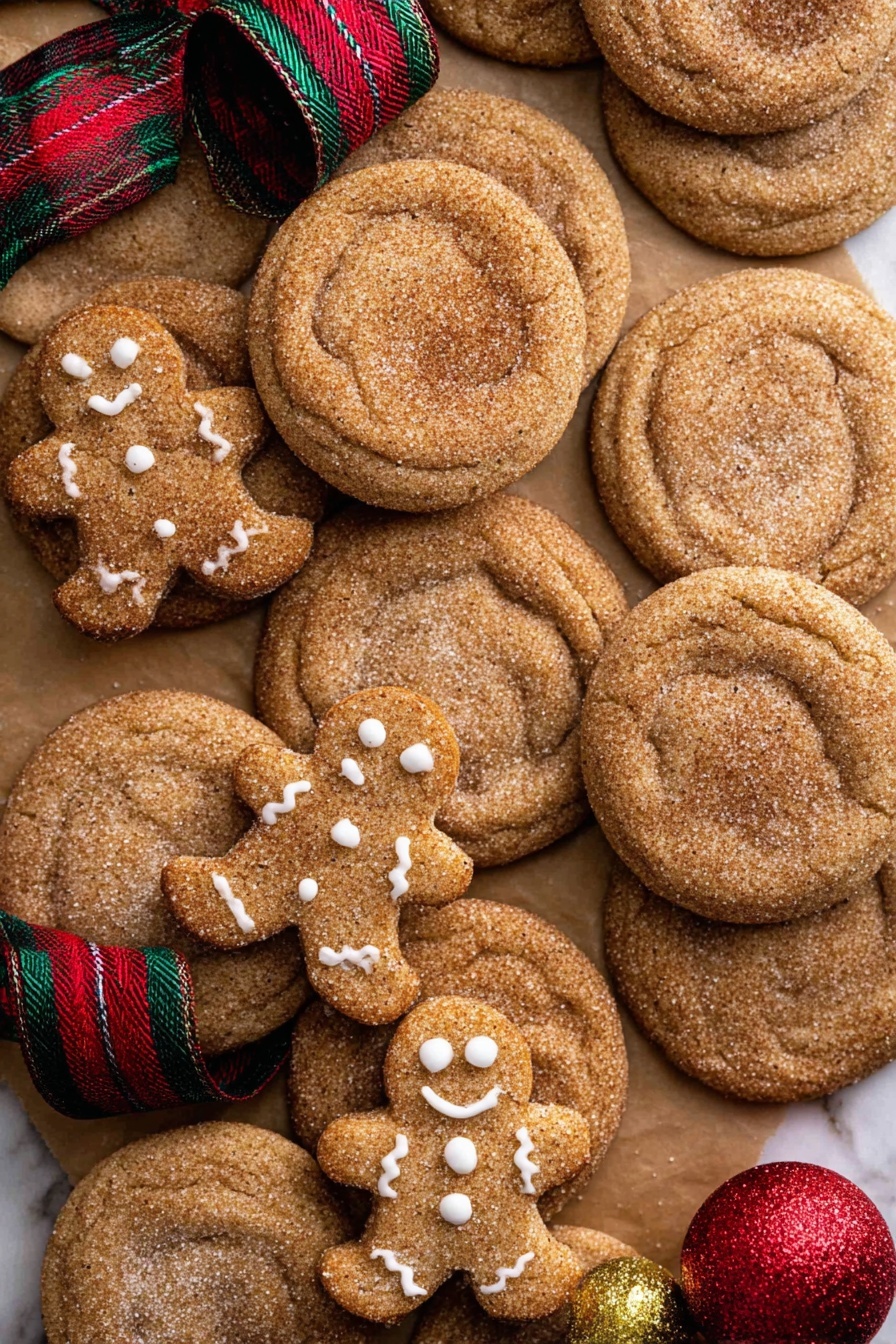 A stack of four round cinnamon cookies with a rough, slightly cracked surface covered in sugar crystals stands in the center of the image. The top cookie has a bite showing a soft, white creamy filling inside. Around the stack, there are more cookies with the same warm brown color and sugared texture. A green, red, and gold plaid ribbon runs diagonally across the bottom right corner, adding a festive touch. The background has a white marbled texture. Photo taken with an iphone --ar 2:3 --v 7 - Gingerbread Cheesecake Cookies, holiday cookies with gingerbread and cheesecake, festive cookie recipes, easy gingerbread cookies, creamy cheesecake cookies