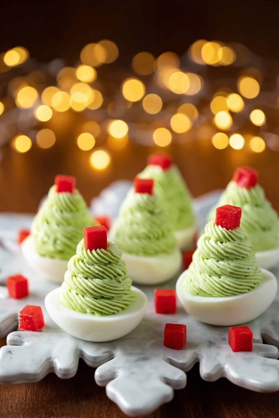 The image shows five white egg halves arranged on a white plate with a white marbled surface underneath. Each egg half is filled with a smooth, light green creamy swirl that forms a tall, textured peak rising from the egg white base. On top of each green swirl, small bright red diced pieces are scattered, adding a pop of color and contrast. A woman's hand is gently placing the red dices on one of the green peaks, adding a final touch. The overall look is clean, fresh, and colorful, with a focus on the layered textures of the white egg, green swirl, and red topping. photo taken with an iphone --ar 2:3 --v 7 - Christmas Tree Deviled Eggs, festive deviled eggs, holiday appetizer ideas, Christmas egg shape, easy holiday party snacks