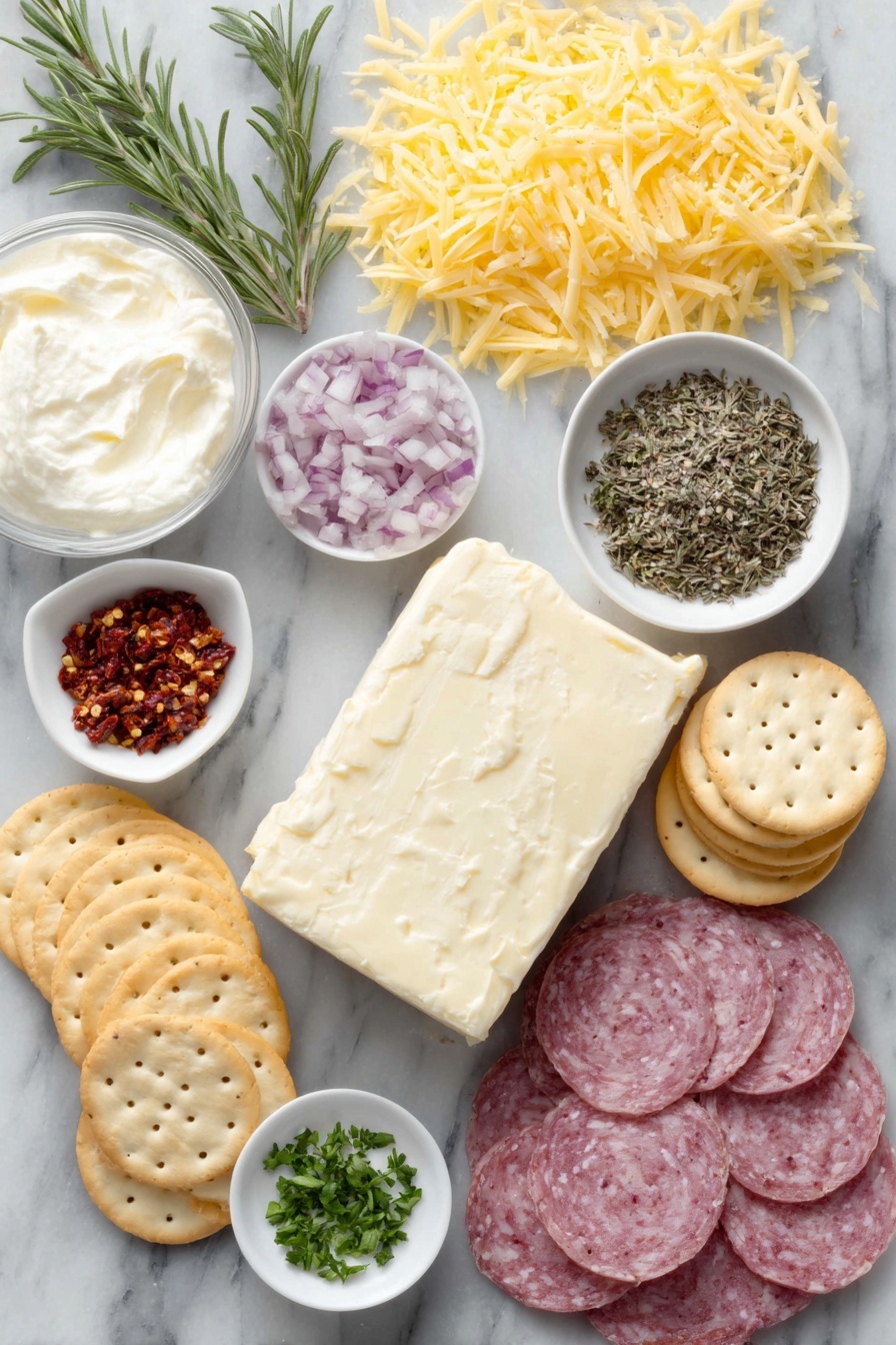 Flat lay of a block of fresh cream cheese, a small white bowl of sour cream, a small white bowl with mixed dried Italian herbs including thyme, oregano, basil, and rosemary, a small white bowl of garlic powder, a small white bowl of salt, a small white bowl of red pepper flakes, a pile of freshly grated cheddar cheese strands, a small heap of finely chopped roasted red peppers, finely chopped hot salami slices, a small mound of chopped green olives, thinly sliced green onion stalks, a small white bowl holding sun dried tomato strips with oil, a small heap of chopped fresh parsley, fresh rosemary sprigs arranged for decoration, and a neat stack of round Jatz-style crackers, all placed on a clean white marble surface, soft natural light, photo taken with an iPhone, professional food photography style, fresh ingredients, white ceramic bowls, no bottles, no duplicates, no utensils, no packaging --ar 2:3 --v 7 --p m7354615311229779997 - Italian Cheese Loaf Appetizer, Italian cheese appetizer, cheese loaf dip, cheesy Italian appetizer, holiday appetizer recipes