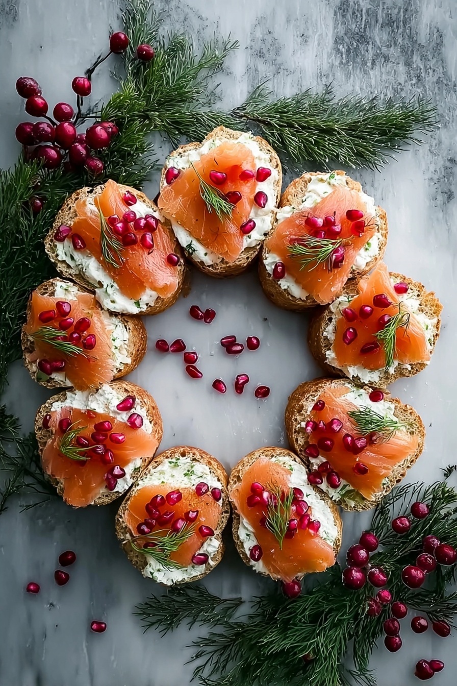 A round wreath made of 12 pieces of white bread arranged in a circle, each topped with a creamy white spread, a pinkish-orange slice of smoked salmon folded soft, small red pomegranate seeds scattered on top, and a small green dill sprig placed beside the salmon. The wreath sits on a white marbled surface with some scattered green pine sprigs and red berries around it, creating a festive look. photo taken with an iphone --ar 2:3 --v 7 - Smoked Salmon Bruschetta Wreath, festive appetizer ideas, holiday appetizer recipes, easy smoked salmon appetizers, elegant party starters