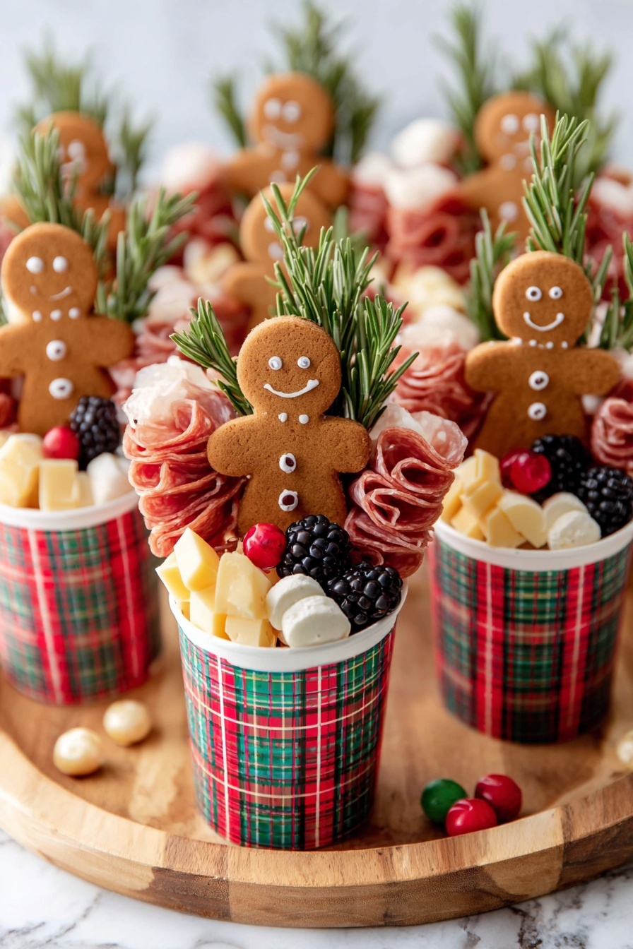A woman's hand holds a small checked paper cone with red, green, and white stripes. Inside the cone, from front to back, there are two light brown gingerbread men cookies with smiling faces. Behind the cookies is a sprig of green rosemary. To the left of the rosemary, thinly folded slices of reddish-pink salami are stacked vertically on a stick. To the right of the rosemary, there is a small round piece of white cheese with a soft texture and next to it a chunky wedge of pale yellow cheese. In front of the cheese wedge, there are a raspberry and a blackberry with a deep purple color. The background is a white marbled surface, and more cones with similar contents are softly blurred in the background. Photo taken with an iphone --ar 2:3 --v 7 - Christmas Charcuterie Cups with Salami and Cheese, festive appetizer ideas, holiday party snacks, bite-sized Christmas appetizers, easy Christmas party finger foods