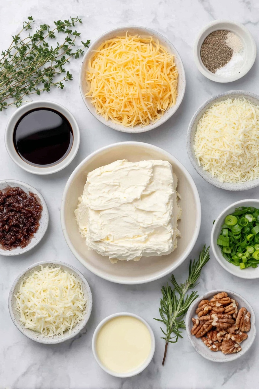 Flat lay of a block of cream cheese softened and creamy, a small white bowl of smooth mayonnaise, a small white bowl filled with bright orange shredded sharp cheddar cheese, a small white bowl of fine ranch seasoning powder, a small white bowl of pale lemon juice, a small white bowl of dark Worcestershire sauce, a small white bowl of finely ground black pepper, a small white bowl of onion powder, a small white bowl of garlic salt, a small white bowl of finely chopped fresh chives, a small white bowl of shredded white sharp cheddar cheese, a small white bowl of chopped dried cranberries, a small white bowl of chopped pecans, a small white bowl of sliced fresh green onions, a small white bowl of finely chopped fresh parsley, fresh sprigs of rosemary, fresh sprigs of thyme, fresh mint leaves, and fresh parsley leaves, all arranged symmetrically on a clean white ceramic plates and small bowls, placed on a clean white marble surface, soft natural light, photo taken with an iPhone, professional food photography style, fresh ingredients, white ceramic bowls, no bottles, no duplicates, no utensils, no packaging --ar 2:3 --v 7 --p m7354615311229779997 - Cheese Ball Wreath, festive cheese appetizer, holiday cheese wreath, party cheese ball, cheese wreath appetizer