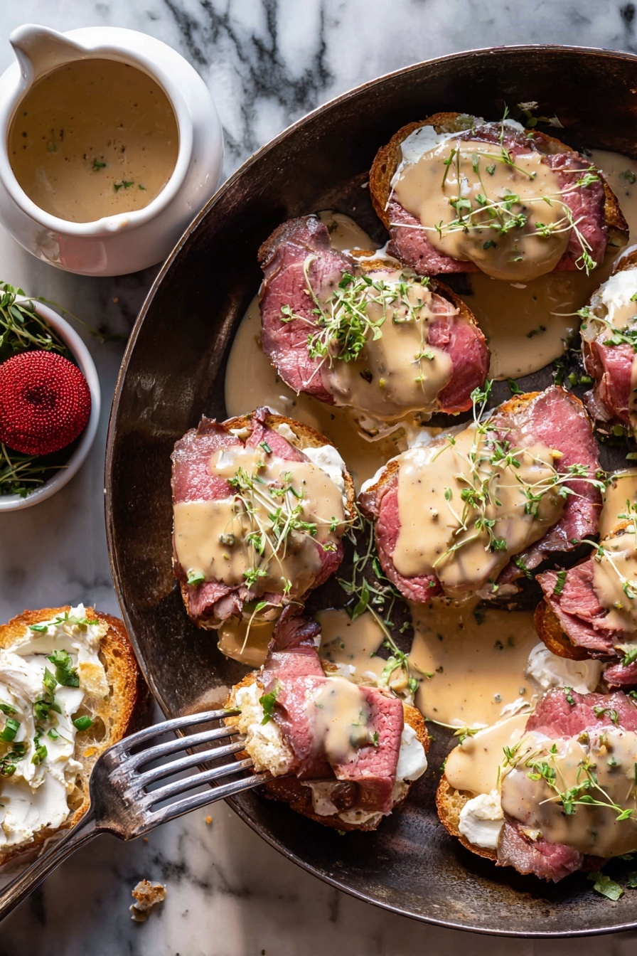 Several small sandwiches are arranged on a round metal pan with a dark handle, set on a white marbled surface. Each sandwich has three layers: a base of golden toasted bread, a middle layer of creamy white spread, and a thick slice of medium-rare cooked meat with a pink center and brown edges. On top, a light brown creamy sauce is drizzled unevenly, garnished with small green herb leaves. To the side, there is a small white bowl filled with coarse salt, a red shiny Christmas ornament, and more green herbs. The lighting is warm and natural, highlighting the textures of the meat and sauce. Photo taken with an iphone --ar 2:3 --v 7 - Beef Tenderloin Crostini with Parmesan Wine Sauce, Elegant beef crostini appetizer, Festive beef canapés, Gourmet beef appetizer, Christmas appetizer ideas