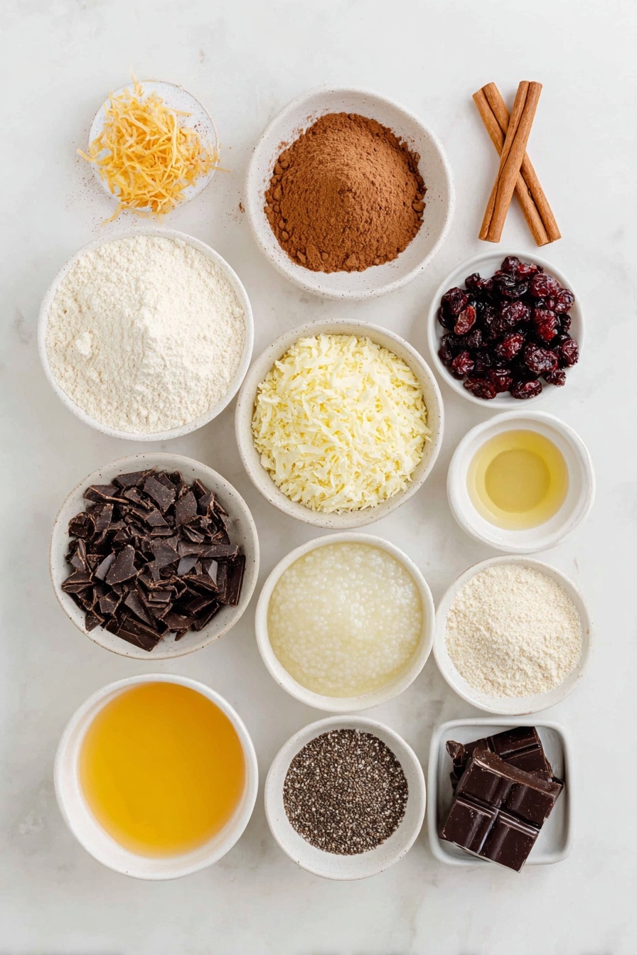 Flat lay of a small mound of brown rice flour, a small mound of quinoa flour, a small pile of arrowroot powder, a heap of cacao powder, a pinch of sea salt crystals, a few whole brown flax eggs, a small white ceramic bowl with amber maple syrup, a small white ceramic bowl with golden olive oil, a small white ceramic bowl with translucent aquafaba, a small white ceramic bowl with clear apple cider vinegar, a small white ceramic bowl with pale vanilla extract, a small white ceramic bowl with creamy rice milk, a small white ceramic bowl of fresh cranberries with a few orange zest strips, a small white ceramic bowl of orange juice, a small cinnamon stick, a small white ceramic bowl of chia seeds, a small white ceramic bowl with finely chopped dark vegan chocolate, a few fresh cranberries scattered around, all ingredients arranged in perfect symmetry with realistic proportions, placed on a clean white marble surface, soft natural light, photo taken with an iPhone, professional food photography style, fresh ingredients, white ceramic bowls, no bottles, no duplicates, no utensils, no packaging --ar 2:3 --v 7 --p m7354615311229779997 - Vegan Cranberry Chocolate Mini Cakes, gluten-free holiday desserts, dairy-free chocolate cakes, vegan cranberry treats, festive mini cake recipes