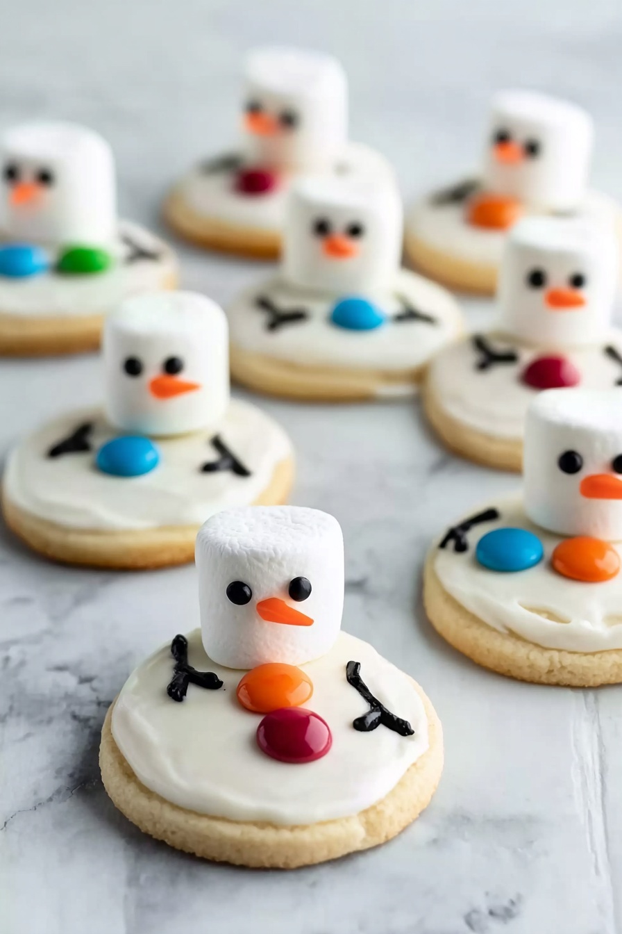 The image shows several round sugar cookies decorated like snowmen, placed on a white marbled surface. Each cookie has one layer of smooth white icing covering the top. On top of that icing, a white marshmallow is placed vertically as the snowman’s head. Two small black dots form the eyes on each marshmallow, and a tiny orange tip represents the nose. The snowmen have two large colorful candy buttons on their bodies, with colors including red, orange, blue, and green. Simple black lines drawn with icing create stick-like arms on each side of the body. The cookies are scattered in a soft-focus arrangement, with some closer to the camera and others blurred further back, creating a cozy winter feeling. Photo taken with an iphone --ar 2:3 --v 7 - Melted Snowman Cookies, festive holiday cookies, adorable snowman cookies, easy Christmas treats, winter baking ideas