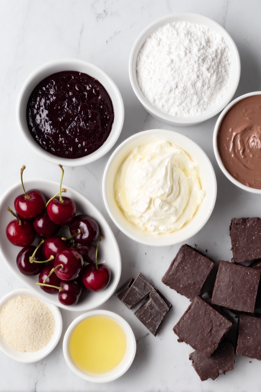 Flat lay of a square of rich chocolate sheet cake cut into cubes, a small pile of glossy fresh red cherries with stems, two small white ceramic bowls—one filled with dark red cherry pie filling and another with smooth chocolate pudding, a small white bowl holding fluffy whipped cream, a few delicate pieces of shaved dark chocolate arranged neatly on the side, a small white bowl with fine powdered sugar, and a small white bowl with golden cherry liqueur—all ingredients fresh and natural, arranged with perfect symmetry on a clean white marble surface, soft natural light, photo taken with an iPhone, professional food photography style, fresh ingredients, white ceramic bowls, no bottles, no duplicates, no utensils, no packaging --ar 2:3 --v 7 --p m7354615311229779997 - Black Forest Cherry Trifle, cherry chocolate dessert, layered dessert recipe, easy trifle ideas, holiday dessert recipes