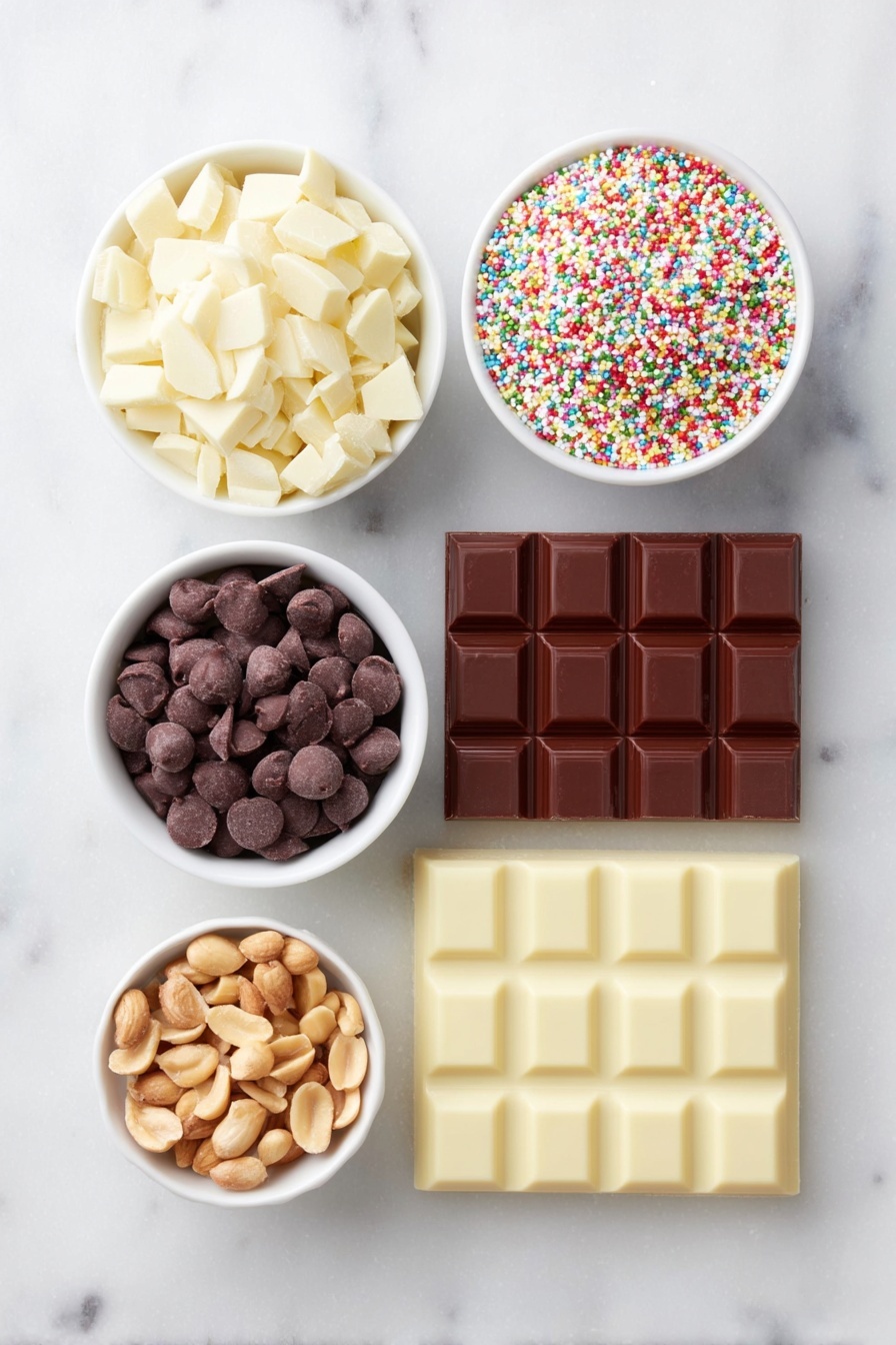 Flat lay of a small pile of broken white almond bark squares, a handful of glossy dark semisweet chocolate chips, chunks of German sweet chocolate bar, a small mound of dry roasted peanuts, and a small white ceramic bowl filled with colorful holiday sprinkles, all arranged symmetrically with perfect proportions on a clean white marble surface, soft natural light, photo taken with an iPhone, professional food photography style, fresh ingredients, white ceramic bowls, no bottles, no duplicates, no utensils, no packaging --ar 2:3 --v 7 --p m7354615311229779997 - Easy Christmas Candy in Crockpot, Christmas candy no bake, holiday crockpot candies, easy holiday treats, festive crockpot recipes