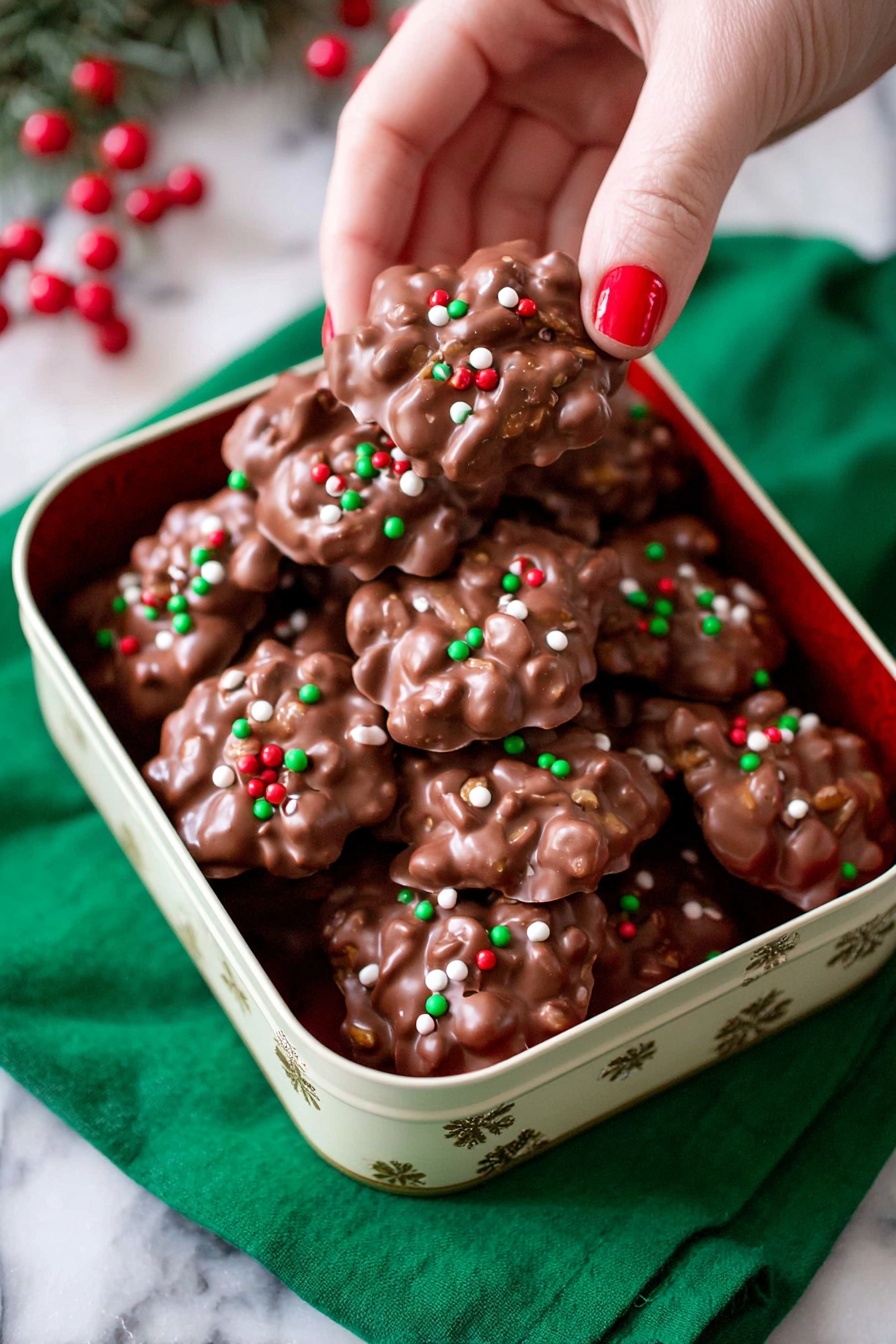The image shows a white tin box filled with chocolate clusters, each cluster made of milk chocolate with small red, green, and white round sprinkles scattered on top. The clusters have a rough texture with irregular shapes, showing lumps beneath the chocolate coating that suggest nuts or cereal inside. A woman's hand with red nail polish is holding one of the clusters from the top right side of the box. The box sits on a green cloth and the background is a white marbled surface. Photo taken with an iphone --ar 2:3 --v 7 - Easy Christmas Candy in Crockpot, Christmas candy no bake, holiday crockpot candies, easy holiday treats, festive crockpot recipes