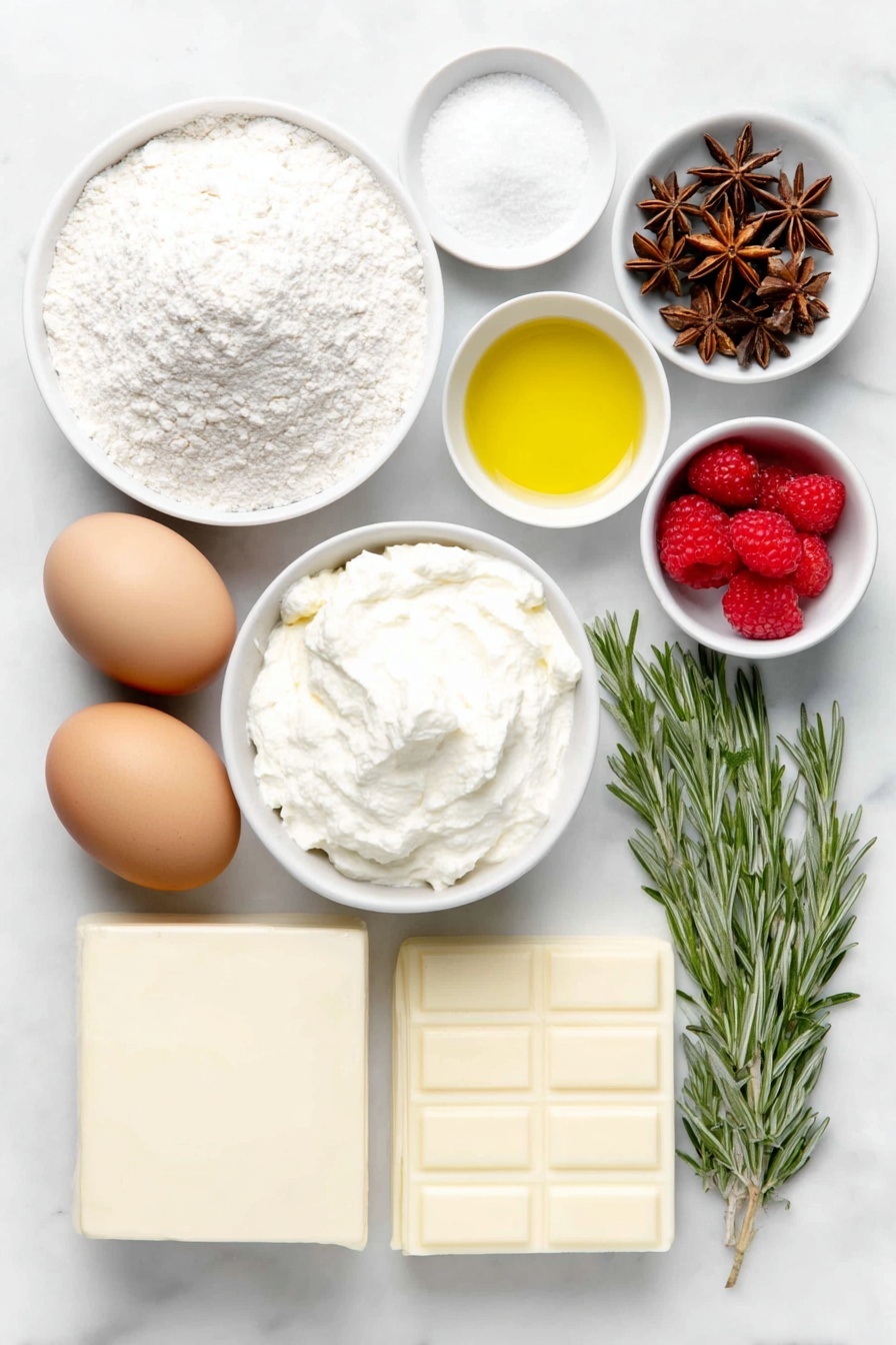 Flat lay of a small mound of fine all-purpose flour, a teaspoon of baking powder and a pinch of salt neatly arranged side by side; four whole uncracked brown eggs; a small pile of white granulated sugar; a small white bowl filled with clear golden vegetable oil; a tiny white bowl of pure vanilla extract; fresh bright red raspberries scattered loosely; a small white bowl of lemon juice with a pale yellow tint; a smooth block of creamy white cream cheese; a small heap of powdered sugar; a small white bowl of chilled whipping cream, thick and white; a slab of glossy white chocolate; a few sprigs of fresh green rosemary; several star anise pods; a delicate dusting of powdered sugar artistically settled on the white ceramic bowls and ingredients, all arranged with perfect symmetry on a clean white marble surface, soft natural light, photo taken with an iPhone, professional food photography style, fresh ingredients, white ceramic bowls, no bottles, no duplicates, no utensils, no packaging --ar 2:3 --v 7 --p m7354615311229779997 - Raspberry Cake Roll with Cream Cheese Filling, raspberry sponge cake, vanilla cake roll, berry dessert recipes, elegant roulade dessert