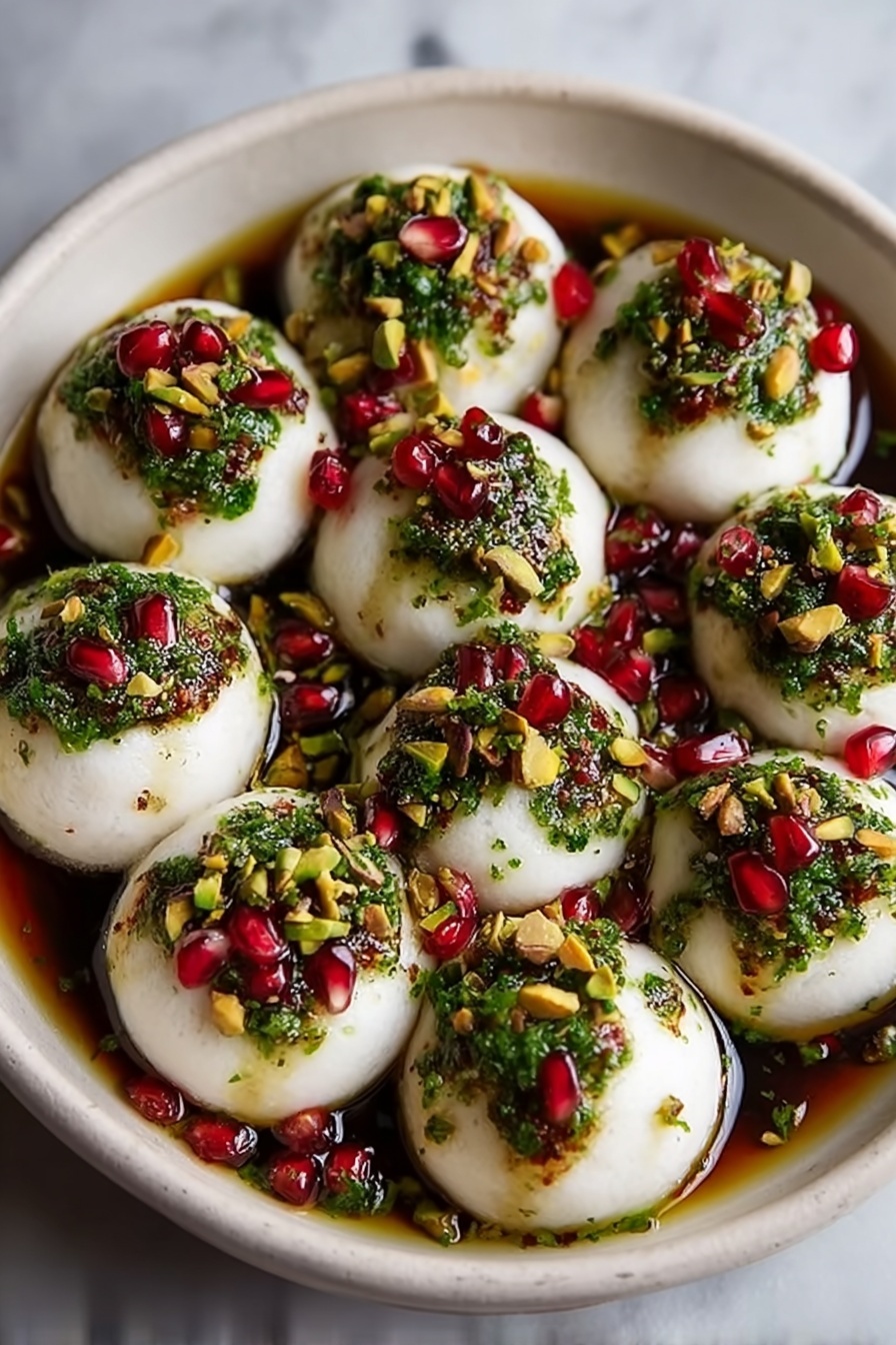 The image shows a round white bowl filled with nine smooth, white, dome-shaped dumplings arranged closely together. Each dumpling is topped with a vibrant green sauce mixed with chopped herbs, bright red pomegranate seeds, and scattered light green pistachio pieces. The sauce slightly drips down the sides of some dumplings, adding texture contrast. The bowl rests on a white marbled surface, creating a clean and fresh background. photo taken with an iphone --ar 2:3 --v 7 - Burrata Ball Appetizer with Pomegranate and Pistachios, easy beginner-friendly appetizer, elegant cheese appetizer, festive party starter, gourmet fruit and nut appetizer