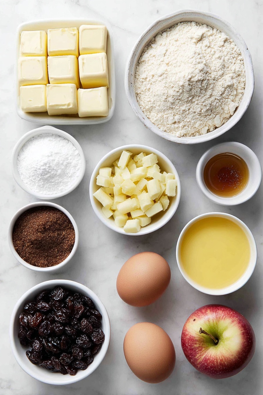 Flat lay of a few irregular golden chunks of salted butter, a small heaped mound of dark brown sugar, a small white ceramic bowl with all purpose flour, a small white ceramic bowl with pale breadcrumbs, two whole clean brown eggs, a small white ceramic bowl with dark mixed spice powder, a small white ceramic bowl with golden sultanas, a small white ceramic bowl with dark raisins, a small white ceramic bowl with tiny Zante currants, a small peeled and cored grated apple, a few thin strips of fresh orange rind, a small white ceramic bowl with bright orange juice mixed with brandy, a small white ceramic bowl with chopped colorful mixed candied peel placed symmetrically on a clean white marble surface, soft natural light, photo taken with an iPhone, professional food photography style, fresh ingredients, white ceramic bowls, no bottles, no duplicates, no utensils, no packaging --ar 2:3 --v 7 --p m7354615311229779997 - British Christmas Pudding, traditional British Christmas pudding, festive British dessert, holiday British pudding, easy Christmas pudding recipe
