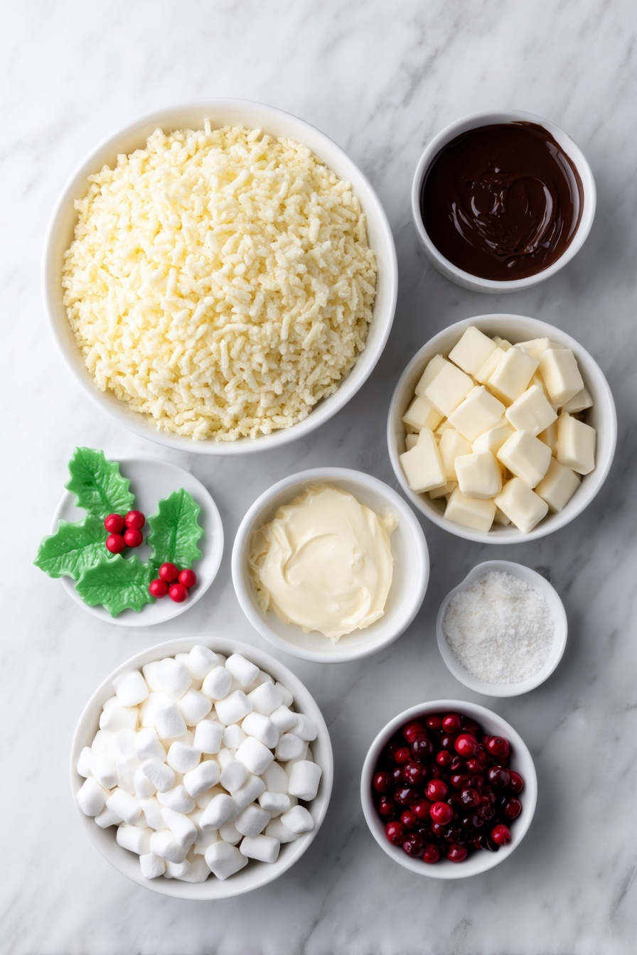 Flat lay of a large white ceramic bowl filled with golden Rice Krispies cereal, a small white bowl with smooth, melted milk chocolate, a small white bowl with melted unsalted butter, a small white bowl overflowing with soft white mini marshmallows, a small white bowl holding silky white melted white chocolate, small pale green sugarpaste holly leaves shapes arranged neatly, tiny bright red sugarpaste berries grouped in a small pile, and two small white bowls each containing vibrant green and rich red food colouring gels, all placed on a clean white marble surface, soft natural light, photo taken with an iPhone, professional food photography style, fresh ingredients, white ceramic bowls, no bottles, no duplicates, no utensils, no packaging --ar 2:3 --v 7 --p m7354615311229779997 - Chocolate Rice Krispie Christmas Puddings, festive chocolate treats, holiday Rice Krispie desserts, Christmas pudding snacks, easy Christmas party desserts