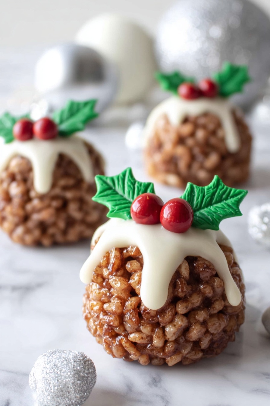 The image shows five round, brown crispy balls made from puffed cereal, each topped with a white icing layer that drips slightly down the sides. On top of the icing, there is a decoration of two green holly leaves and three small red berries made from fondant or icing, creating a festive look. The balls are placed on a white marbled surface, surrounded by white and silver Christmas ornaments, adding a holiday feel to the scene. The lighting is bright and soft, highlighting the texture of the cereal and the smoothness of the icing. photo taken with an iphone --ar 2:3 --v 7 - Chocolate Rice Krispie Christmas Puddings, festive chocolate treats, holiday Rice Krispie desserts, Christmas pudding snacks, easy Christmas party desserts