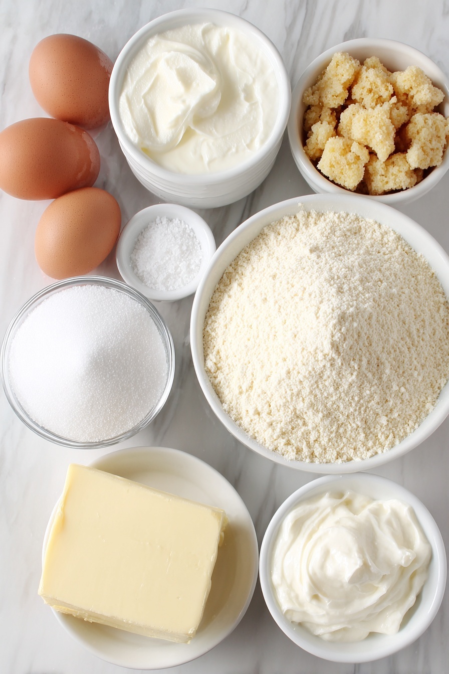Flat lay of a small mound of finely ground blanched almond flour, a small bowl of powdered sugar, three large whole uncracked brown eggs, a small white bowl of granulated sugar, a small white bowl of cream of tartar powder, a small white bowl with a dab of vibrant green gel food coloring, a small slab of unsalted butter softened, a small white bowl of powdered sugar for filling, a small white bowl of heavy cream, a small pile of finely crumbled snack cake pieces, a small white bowl of vanilla extract, and a small pinch of salt placed neatly in a simple white ceramic bowl, all arranged symmetrically on a clean white marble surface, soft natural light, photo taken with an iPhone, professional food photography style, fresh ingredients, white ceramic bowls, no bottles, no duplicates, no utensils, no packaging --ar 2:3 --v 7 --p m7354615311229779997 - Christmas Tree Macaron, festive macarons, holiday dessert ideas, Christmas-themed treats, easy Christmas macaron recipe