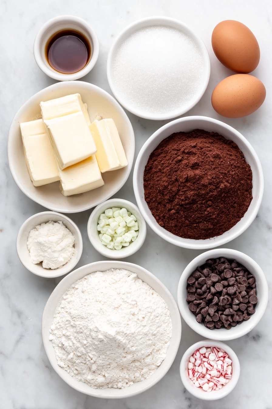 Flat lay of a small white ceramic bowl filled with unsalted butter sticks, a simple white ceramic bowl of granulated sugar, four whole uncracked brown eggs, a small white ceramic bowl with vanilla extract, a white ceramic bowl holding all-purpose flour, another white ceramic bowl with unsweetened cocoa powder, a tiny white ceramic bowl containing baking powder, a tiny white ceramic bowl with salt, a white ceramic bowl of semi-sweet chocolate chips, three small white ceramic bowls each with red, green, and white melted candy, and a few mini candy bows and festive sprinkles arranged neatly, all placed on a clean white marble surface, soft natural light, photo taken with an iPhone, professional food photography style, fresh ingredients, white ceramic bowls, no bottles, no duplicates, no utensils, no packaging --ar 2:3 --v 7 --p m7354615311229779997 - Festive Chocolate Brownie Gift Bars, holiday brownie gift ideas, holiday fudge brownies, easy holiday brownie treats, Christmas brownie gifts