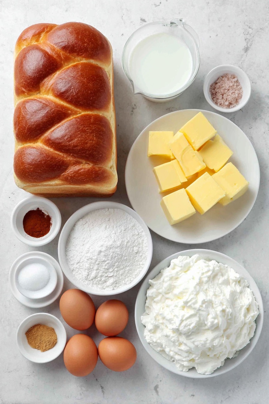 Flat lay of a sliced loaf of fresh brioche bread with thick diagonal cuts, six whole large brown eggs, a small white ceramic bowl of half and half, a small white ceramic bowl of milk, a small white ceramic bowl filled with light brown sugar, a small white ceramic bowl of all-purpose flour, a small white ceramic bowl with golden salted butter cubes, a small white ceramic bowl with ground cinnamon, a small white ceramic bowl of pure vanilla extract, a small white ceramic bowl of coarse kosher salt, and a dollop of homemade whipped cream on a simple white ceramic plate, all arranged in perfect symmetry, placed on a clean white marble surface, soft natural light, photo taken with an iPhone, professional food photography style, fresh ingredients, white ceramic bowls, no bottles, no duplicates, no utensils, no packaging --ar 2:3 --v 7 --p m7354615311229779997 - Brioche French Toast Casserole, breakfast casserole with brioche, decadent French toast bake, easy brunch casserole, cinnamon streusel French toast