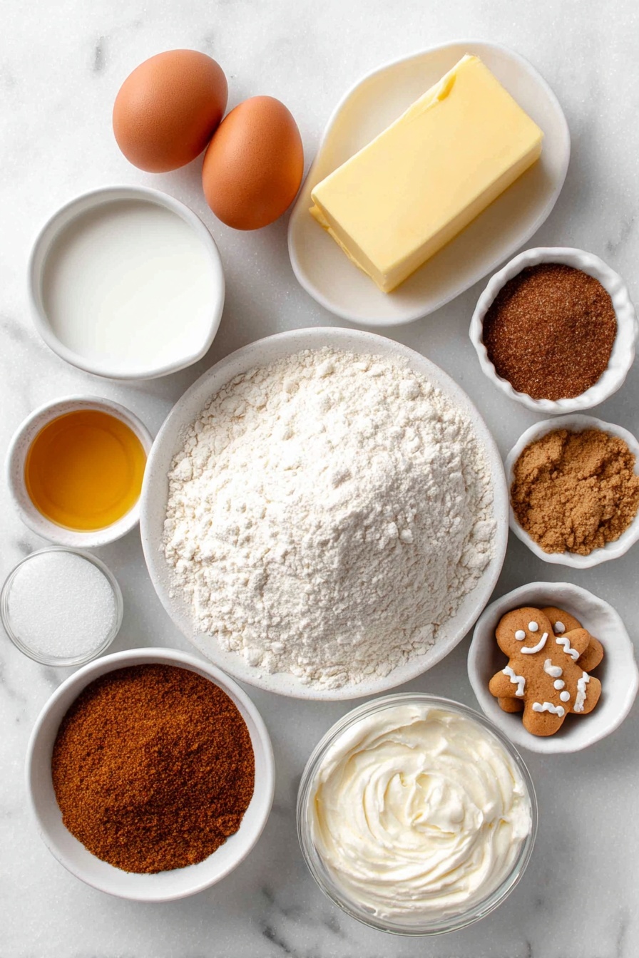 Flat lay of a small mound of all-purpose flour on a simple white ceramic plate, a small white ceramic bowl of granulated sugar, two whole brown eggs with clean shells, a small white ceramic bowl of warm milk, a slab of pale yellow butter on a white ceramic dish, a small white ceramic bowl of golden molasses, a small white ceramic bowl of packed light brown sugar, a small white ceramic bowl with mixed ground cinnamon, ground ginger, ground cloves, and ground nutmeg in separate neat piles, a small white ceramic bowl of smooth cream cheese, a small white ceramic bowl of confectioners' sugar, a small white ceramic bowl of clear vanilla extract, and a few small gingerbread men shaped cookies arranged evenly -- all placed on a clean white marble surface, soft natural light, photo taken with an iPhone, professional food photography style, fresh ingredients, white ceramic bowls, no bottles, no duplicates, no utensils, no packaging --ar 2:3 --v 7 --p m7354615311229779997 - Gingerbread Cinnamon Rolls, Gingerbread Cinnamon Rolls Recipe, Cozy holiday cinnamon rolls, Spiced cinnamon roll ideas, Festive breakfast recipes