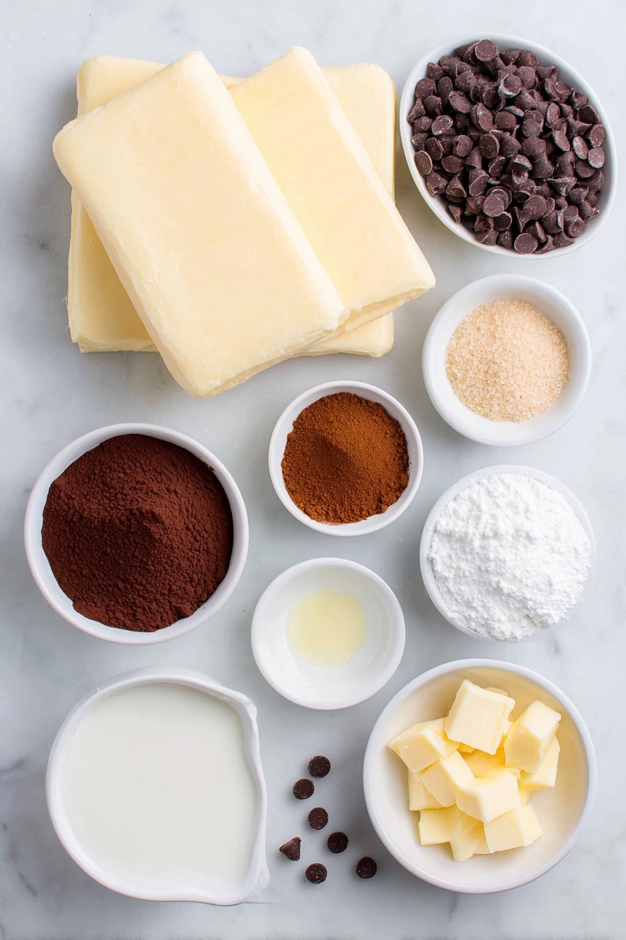 Flat lay of three cans of pale crescent roll dough sheets neatly folded, a stick of smooth softened butter, a small white ceramic bowl of rich dark brown cocoa powder, a small white bowl filled with packed golden brown sugar, a small white bowl holding cinnamon powder with warm reddish-brown hues, scattered glossy mini chocolate chips, a small white bowl with fine white powdered sugar, a small white bowl with melted pale yellow butter, a small white bowl containing clear vanilla extract, a small white bowl of fresh cream or milk with a slight sheen, placed on a clean white marble surface, soft natural light, photo taken with an iPhone, professional food photography style, fresh ingredients, white ceramic bowls, no bottles, no duplicates, no utensils, no packaging --ar 2:3 --v 7 --p m7354615311229779997 - Chocolate Croissant Cinnamon Rolls, flaky chocolate croissant recipe, cinnamon roll pastry bake, chocolate-filled breakfast treat, easy cinnamon rolls with chocolate