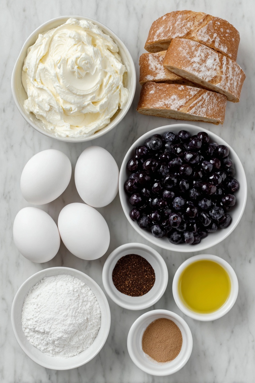 Flat lay of fresh whole large eggs with smooth clean shells, a small heap of fresh plump blueberries, a simple white ceramic bowl of softened cream cheese, a small white bowl filled with fine powdered sugar, two small white bowls each containing clear vanilla extract and whole milk, two small white bowls holding ground cinnamon and ground nutmeg, and fresh cubed rustic French bread, all arranged with perfect symmetry on a clean white marble surface, soft natural light, photo taken with an iPhone, professional food photography style, fresh ingredients, white ceramic bowls, no bottles, no duplicates, no utensils, no packaging --ar 2:3 --v 7 --p m7354615311229779997 - Blueberry French Toast Casserole, easy breakfast casserole, make-ahead brunch recipe, blueberry breakfast bake, baked French toast with blueberries