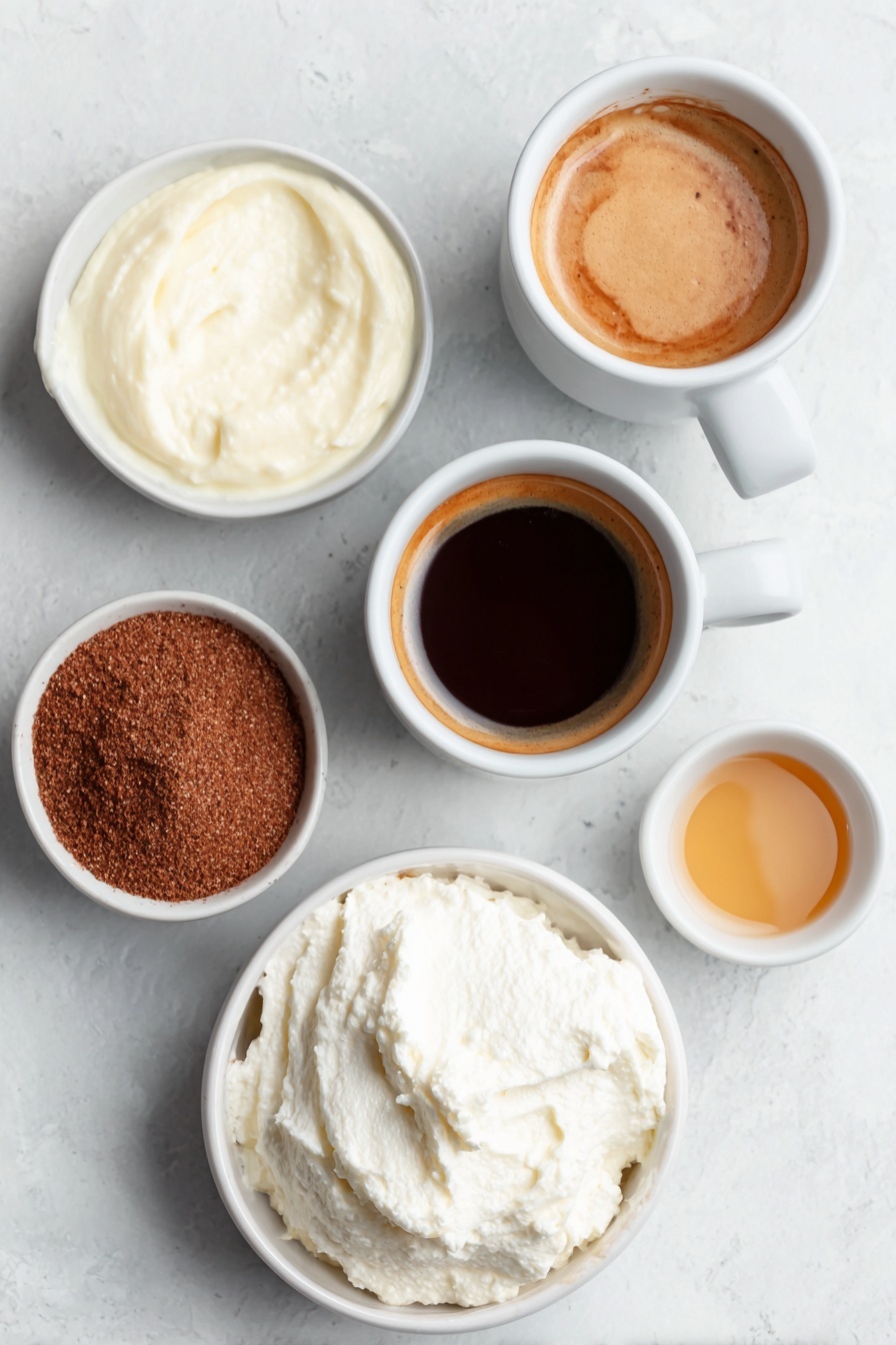 Flat lay of two freshly brewed espresso shots in a simple white ceramic cup, a small white bowl filled with creamy eggnog, a small white bowl of smooth milk, a small white bowl holding golden vanilla simple syrup, a dollop of fluffy whipped cream on a white ceramic plate, and a small white bowl containing warm brown ground nutmeg powder, all ingredients fresh and natural, arranged in perfect symmetry, placed on a clean white marble surface, soft natural light, photo taken with an iPhone, professional food photography style, fresh ingredients, white ceramic bowls, no bottles, no duplicates, no utensils, no packaging --ar 2:3 --v 7 --p m7354615311229779997 - Eggnog Latte, holiday coffee drinks, festive latte recipe, creamy eggnog beverage, easy seasonal coffee