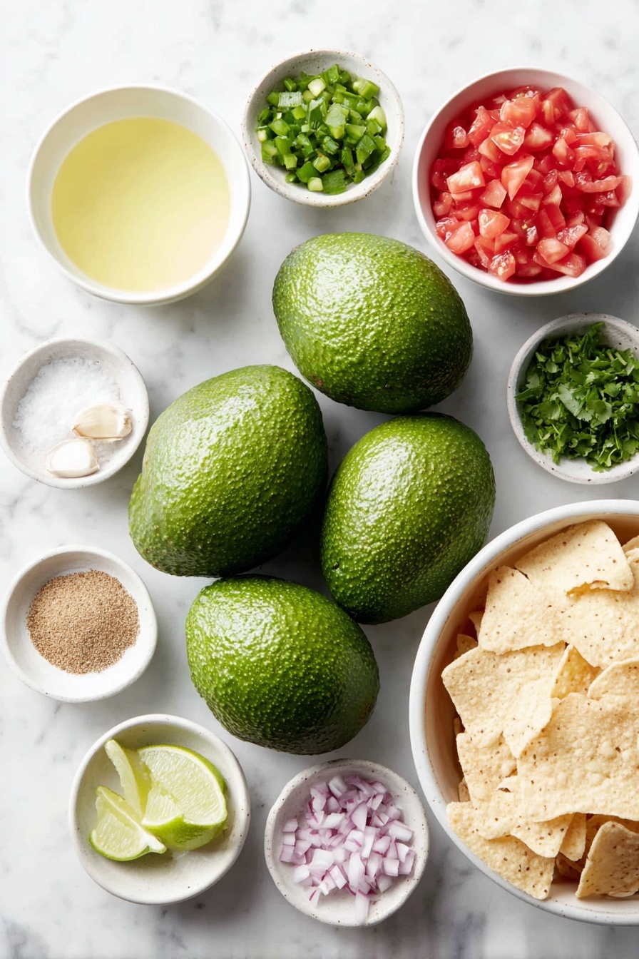 Flat lay of six ripe avocados, two small white bowls filled with diced tomatoes and green chilies, a small white bowl with fresh lime juice, a small white bowl of chopped red onion, three whole uncracked garlic cloves, a small white bowl containing ground cumin, a small white bowl of finely chopped fresh cilantro, a small white bowl of coarse salt, a handful of bright red cherry tomatoes, fresh cilantro leaves scattered delicately, a white ceramic dish holding natural beige tortilla chips, all arranged symmetrically on a clean white marble surface, soft natural light, photo taken with an iPhone, professional food photography style, fresh ingredients, white ceramic bowls, no bottles, no duplicates, no utensils, no packaging --ar 2:3 --v 7 --p m7354615311229779997 - Christmas Guacamole Wreath, festive appetizer, holiday dip, edible wreath, holiday party snacks
