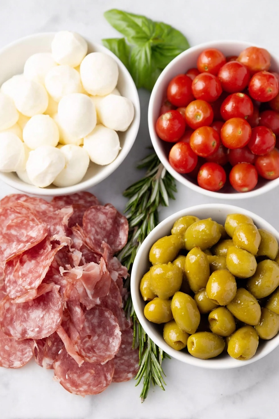 Flat lay of fresh white mozzarella balls, bright green basil leaves, a handful of glossy red cherry tomatoes, thin slices of spicy Genoa salami, delicate folds of prosciutto salami, tender artichoke hearts, vibrant green Castelvetrano olives, deep purple Kalamata olives, and small pale yellow pepperoncini peppers, with a few sprigs of fresh rosemary arranged symmetrically in simple white ceramic bowls and scattered naturally, placed on a clean white marble surface, soft natural light, photo taken with an iPhone, professional food photography style, fresh ingredients, white ceramic bowls, no bottles, no duplicates, no utensils, no packaging --ar 2:3 --v 7 --p m7354615311229779997 - Antipasto Wreath, antipasto skewers, festive appetizer ideas, easy party appetizers, holiday antipasto platter