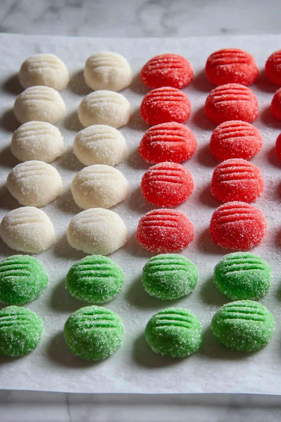 The image shows three rows of round, sugar-coated dough pieces placed neatly on white parchment paper over a white marbled surface. The first row has seven white rounds, the second row has eight red rounds, and the third row has seven green rounds. Each dough piece has small parallel line marks made with a utensil on the top. The sugar granules on the dough give a slightly rough texture, and the dough pieces look soft and fresh. photo taken with an iphone --ar 2:3 --v 7 - Easy Peppermint Patties, homemade peppermint candies, holiday mint treats, simple peppermint candies, mint chocolate confections