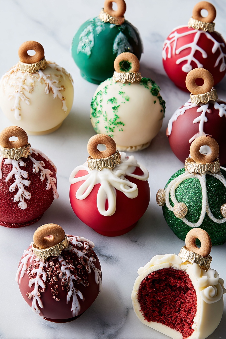 The image shows nine round dessert balls designed like Christmas ornaments on a white marbled surface. Each ball has a smooth, shiny coating in red, green, white, or gold colors. The tops have small circular cookie pieces acting as hooks with white icing around them. Some balls have white icing snowflakes or swirls on their surface, while others have lines or dots in white icing. A few balls have green glitter sprinkled on them. One dessert ball is split open, revealing a red, soft cake-like inside with white icing around it. The decorations give a festive, holiday look to each dessert photo taken with an iphone --ar 2:3 --v 7 - Festive Red Velvet Cake Ball Ornaments, holiday cake favors, Christmas dessert ideas, easy holiday treats, edible holiday decorations