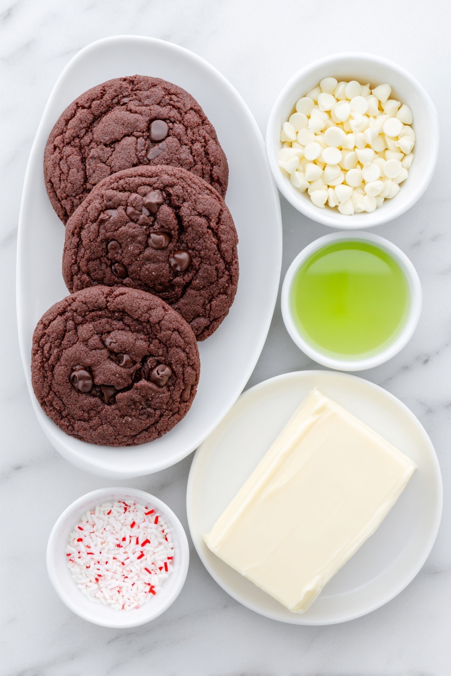 Flat lay of a small pile of chewy red velvet cookies with visible chocolate chips, a block of smooth cream cheese with a creamy texture, a small white bowl filled with glossy white chocolate chips, a tiny white bowl containing vibrant green food coloring gel, and a handful of small red heart sprinkles scattered artfully, all arranged in perfect symmetry on simple white ceramic bowls and plates, placed on a clean white marble surface, soft natural light, photo taken with an iPhone, professional food photography style, fresh ingredients, white ceramic bowls, no bottles, no duplicates, no utensils, no packaging --ar 2:3 --v 7 --p m7354615311229779997 - Grinchy Red Velvet Cake Bites, festive holiday cake treats, no-bake Christmas desserts, Christmas party finger foods, holiday red velvet sweets