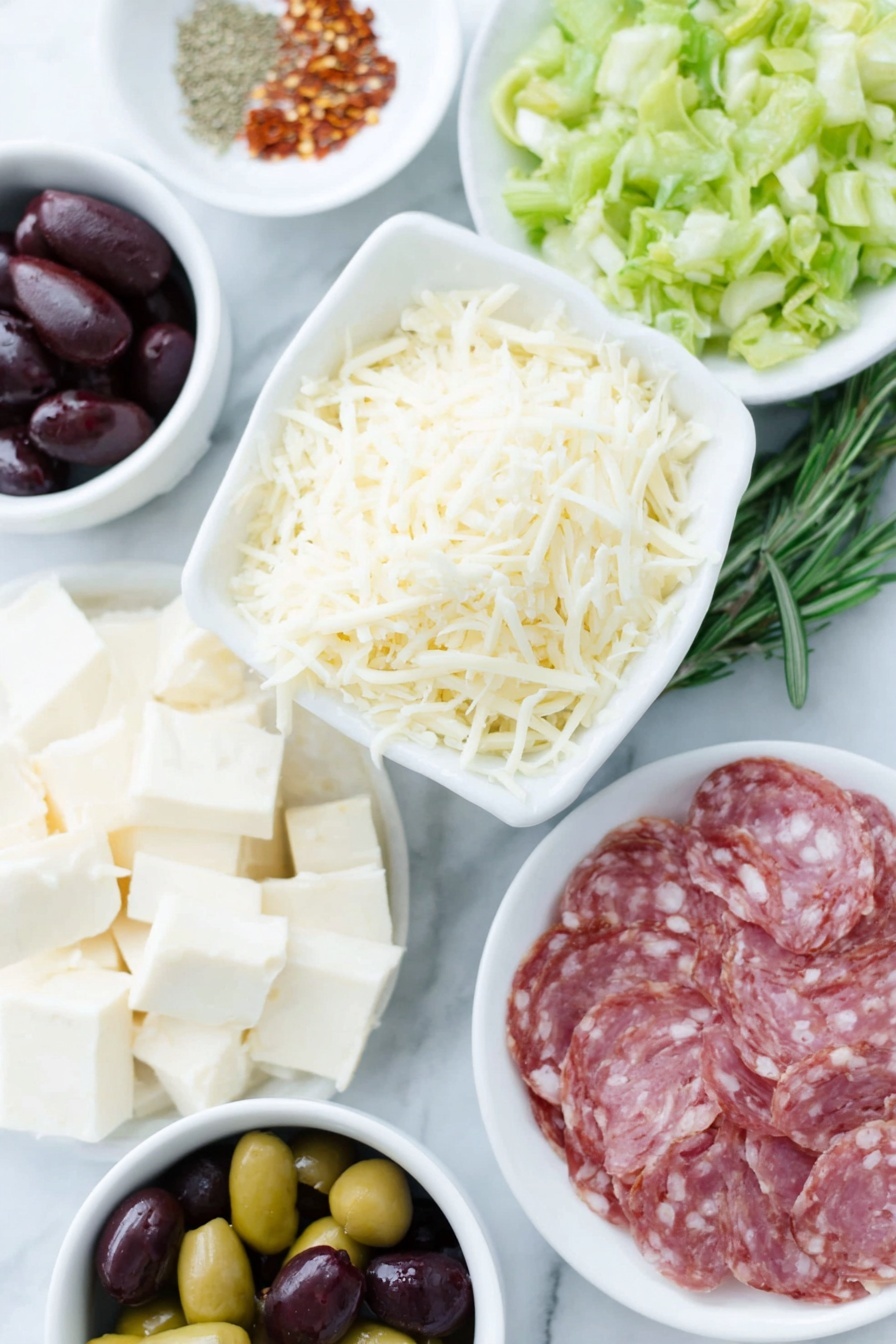 Flat lay of finely shredded provolone cheese, finely shredded parmesan cheese, chopped bright green pepperoncini, chopped blanched almonds, finely chopped slices of salami, finely chopped marinated artichoke hearts, two whole unpeeled garlic cloves, a small white bowl of mixed Italian seasoning, a small white bowl of kosher salt, a small white bowl of crushed red pepper flakes, four blocks of cream cheese with clean uncracked surfaces, halved pitted green Cerignola olives, halved marinated Kalamata olives, halved pitted black Cerignola olives, chunky pieces of roasted red peppers, a few fresh rosemary sprigs, a half-inch-thick slice of fresh mozzarella, arranged symmetrically on simple white ceramic bowls and plates, placed on a clean white marble surface, soft natural light, photo taken with an iPhone, professional food photography style, fresh ingredients, white ceramic bowls, no bottles, no duplicates, no utensils, no packaging --ar 2:3 --v 7 --p m7354615311229779997 - Antipasto Cheese Ball Christmas Tree, festive cheese ball appetizer, holiday cheese ball centerpiece, Christmas party appetizer, cheese ball recipe for holidays