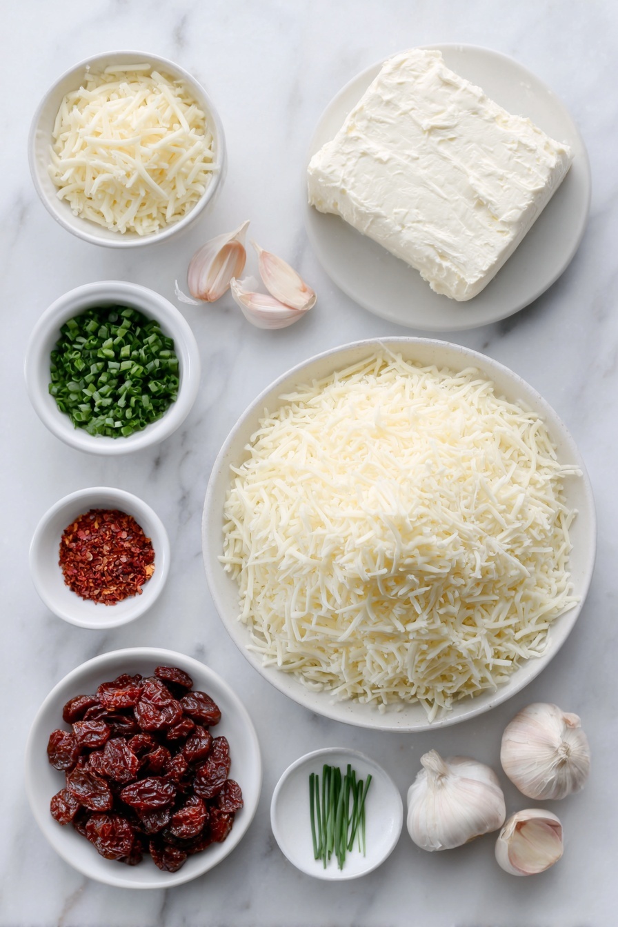 Flat lay of a small block of soft cream cheese, a small pile of shredded gouda cheese, a handful of chopped fresh chives, a small white bowl with chopped oil-packed sun dried tomatoes, a small white bowl of garlic powder, a mound of finely shredded mozzarella cheese, nine whole whole cloves, four plump raisins, two salty whole pretzel sticks, and a single fresh baby carrot halved lengthwise—all ingredients arranged in perfect symmetry on simple white ceramic bowls and plates placed on a clean white marble surface, soft natural light, photo taken with an iPhone, professional food photography style, fresh ingredients, white ceramic bowls, no bottles, no duplicates, no utensils, no packaging --ar 2:3 --v 7 --p m7354615311229779997 - Snowman Cheeseball, festive holiday appetizer, Christmas party cheese ball, cute snowman cheese ball recipe, easy holiday appetizers