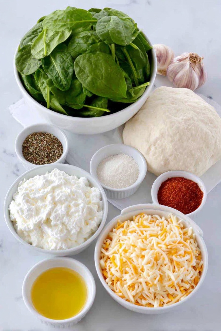 Flat lay of a small mound of bright green fresh spinach leaves, a soft white ceramic bowl with creamy white softened cream cheese, two whole uncracked brown garlic cloves, a small white ceramic bowl filled with mixed dried Italian herbs, another small white bowl with fine sea salt crystals, a small white bowl containing pale beige onion powder, a tiny white bowl with reddish-orange cayenne pepper powder, a small white bowl with coarse black peppercorns, a simple white ceramic bowl heaped with shredded orange cheddar and white mozzarella cheese blend, another small white bowl with finely grated pale yellow parmesan cheese, a smooth round ball of pale beige refrigerated pizza dough sitting on white parchment paper, a small white bowl holding melted golden butter, all arranged symmetrically with perfect proportions and balance, placed on a clean white marble surface, soft natural light, photo taken with an iPhone, professional food photography style, fresh ingredients, white ceramic bowls, no bottles, no duplicates, no utensils, no packaging --ar 2:3 --v 7 --p m7354615311229779997 - Cheese Spinach Christmas Tree Appetizer, festive holiday appetizer, easy party finger food, Christmas appetizer ideas, cheesy holiday appetizers