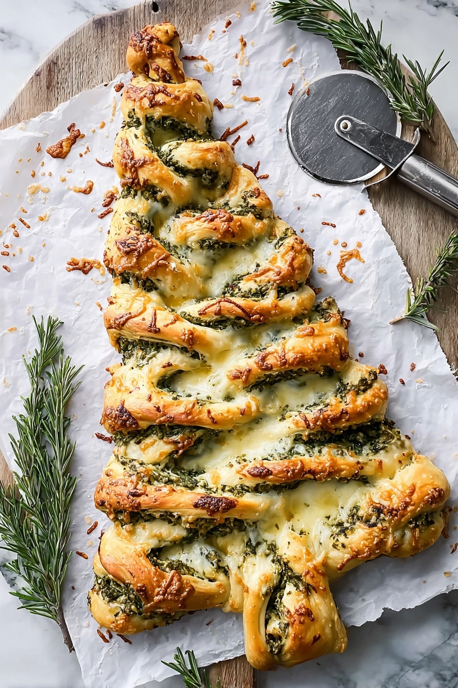 The image shows a Christmas tree-shaped bread with twisted layers of dough and green herb filling. The bread has three main sections: the broad base, the middle that narrows, and the top forming a pointed tip. Each side of the tree has multiple twisted sections where the dough reveals the green herb filling inside, giving a textured and layered look. The dough is golden brown on the edges with melted cheese and sprinkled herbs on top, creating a mix of creamy white, golden, and green colors. The bread sits on white baking paper, with a metal pizza cutter on the top right and a white marbled surface beneath. Sprigs of fresh rosemary are placed around the bread. Photo taken with an iphone --ar 2:3 --v 7 - Cheese Spinach Christmas Tree Appetizer, festive holiday appetizer, easy party finger food, Christmas appetizer ideas, cheesy holiday appetizers