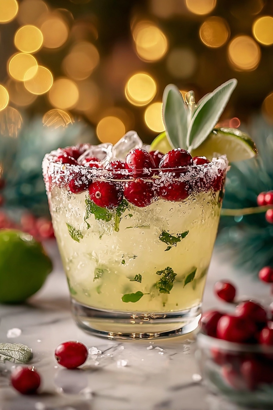 A clear glass coupe filled with a pale lime-yellow drink with small green herb leaves throughout and topped with ice. Around the rim, bright red cranberries are lined up inside a ring of coarse salt and chopped green herbs. On top, more cranberries rest beside a slice of lime and fresh sage leaves, giving a festive look. The background shows soft golden bokeh lights and blurred green holiday decorations on a white marbled surface. photo taken with an iphone --ar 2:3 --v 7 - Christmas Mistletoe Margarita, festive margarita ideas, holiday cocktail recipes, Christmas drinks with cranberry, easy holiday margarita