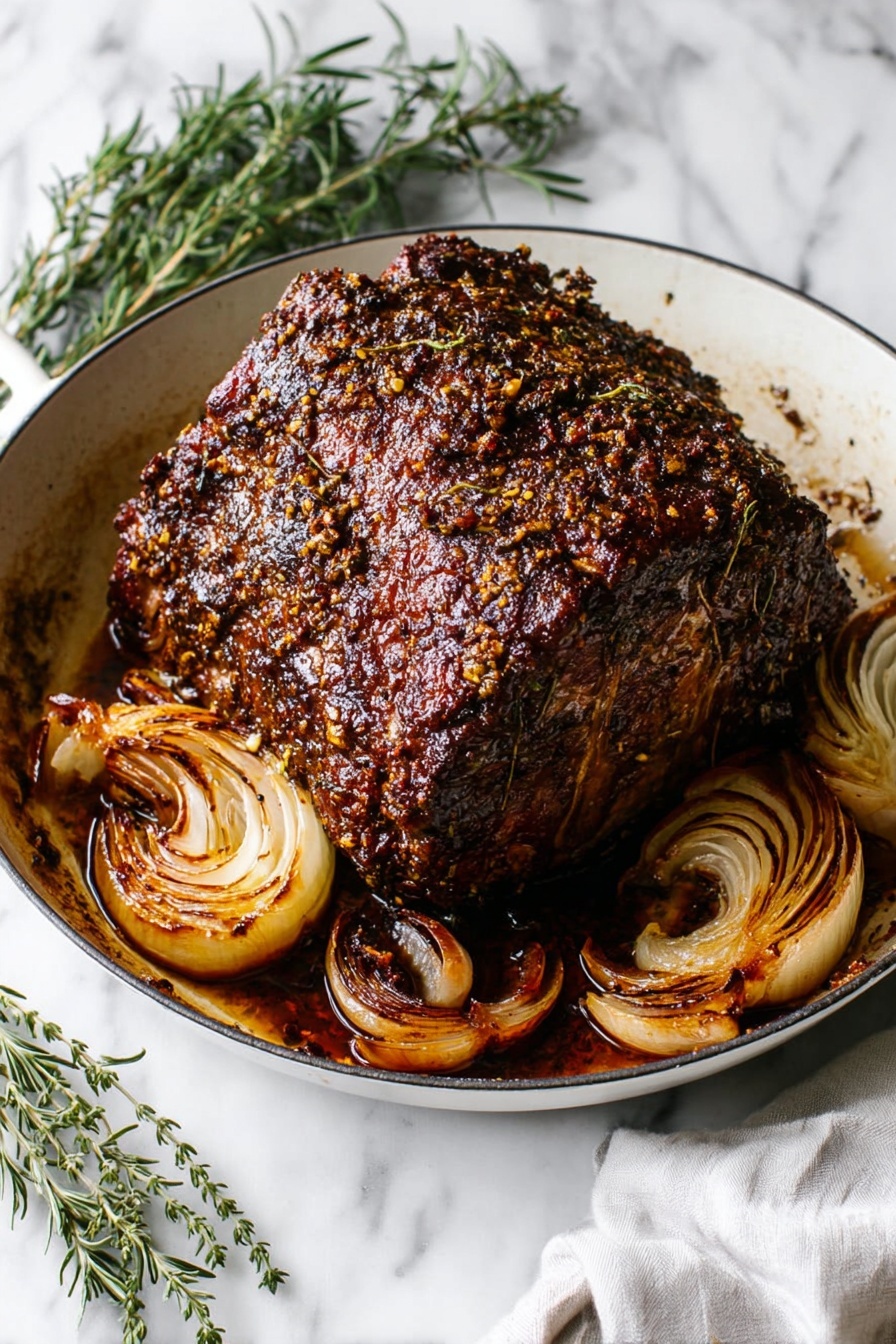 A large, thick piece of roasted meat with a dark brown, crispy, and textured crust sits in the center of a white skillet. The meat’s surface is covered in a spice and herb crust that adds a bumpy texture, with a shiny glaze reflecting light. Surrounding the meat in the pan are several roasted onion halves with caramelized, golden brown layers curling slightly from the heat. The skillet rests on a white marbled surface, with green sprigs of rosemary and thyme arranged beside it, and a white cloth napkin partially visible in the corner. Photo taken with an iphone --ar 2:3 --v 7 - Perfect Garlic Herb Prime Rib, garlic herb prime rib, roast beef recipe, holiday prime rib, juicy prime rib
