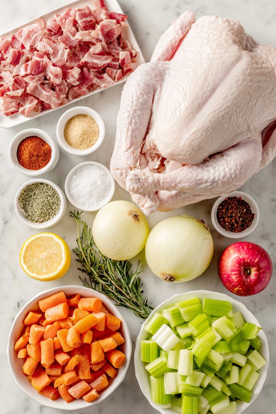 Flat lay of a whole fresh raw turkey with smooth skin, a small mound of roughly chopped pink bacon strips, a small white ceramic bowl filled with coarse kosher salt and another with light brown sugar crystals, a small white ceramic bowl holding a vibrant smoked paprika powder, a small white ceramic bowl with freshly ground black pepper, a small white ceramic bowl containing pale beige onion powder, a small white ceramic bowl of fine garlic powder, and a small white ceramic bowl with bright red cayenne pepper; fresh celery ribs chopped into large green stalks, bright orange roughly chopped carrots, two peeled white onions quartered, two crisp red and green apples quartered, one lemon halved exposing its juicy yellow interior, and fresh aromatic sprigs of rosemary and thyme arranged symmetrically around the ingredients; all elements neatly spaced and balanced, placed on a clean white marble surface, soft natural light, photo taken with an iPhone, professional food photography style, fresh ingredients, white ceramic bowls, no bottles, no duplicates, no utensils, no packaging --ar 2:3 --v 7 --p m7354615311229779997 - Bacon-Roasted Thanksgiving Turkey, bacon-wrapped turkey, holiday turkey recipes, juicy roasted turkey, flavorful Thanksgiving poultry
