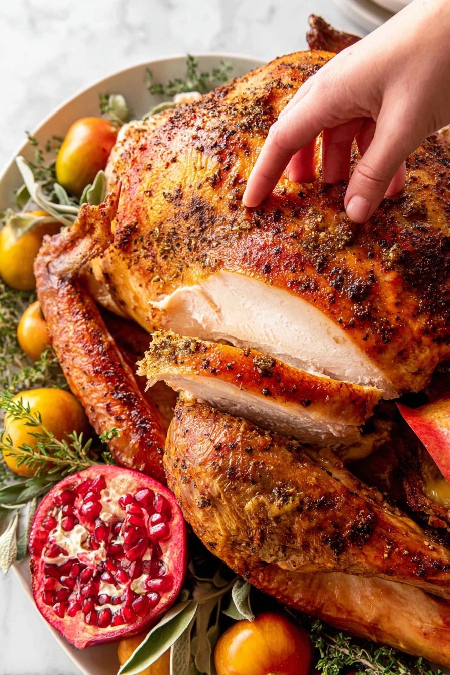 A roasted turkey is placed on a white platter on a white marbled surface, surrounded by green herbs and bright yellow cherry tomatoes. The turkey has a golden brown, crispy skin with black pepper specks visible. A woman's hand is gently lifting one thick, white slice of turkey breast from the bird, showing the moist, smooth interior. Around the turkey, there is a red pear and a split pomegranate showing its deep red seeds. The setting is bright and detailed, highlighting the textures and colors of the food. Photo taken with an iphone --ar 2:3 --v 7 - Bacon-Roasted Thanksgiving Turkey, bacon-wrapped turkey, holiday turkey recipes, juicy roasted turkey, flavorful Thanksgiving poultry