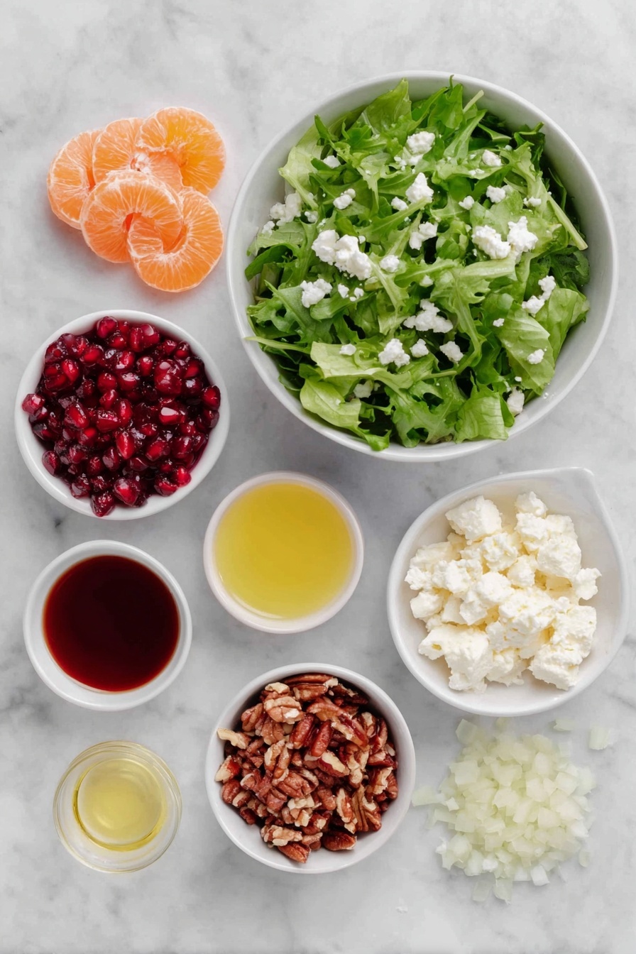 Flat lay of a large simple white ceramic bowl filled with fresh mixed spring greens, a small pile of bright orange segments (mandarin or clementine), a small white ceramic bowl of ruby red pomegranate seeds, a small mound of crumbled white feta cheese, a small heap of roughly chopped candied pecans, alongside four small white ceramic bowls containing golden olive oil, amber honey, smooth yellow Dijon mustard, and clear apple cider vinegar, plus finely minced pale shallot placed delicately on the side, all arranged in perfect symmetry on a clean white marble surface, soft natural light, photo taken with an iPhone, professional food photography style, fresh ingredients, white ceramic bowls, no bottles, no duplicates, no utensils, no packaging --ar 2:3 --v 7 --p m7354615311229779997 - Festive Orange Pomegranate Salad, holiday fruit salad, easy holiday salad, healthy winter salad, colorful fruit salad