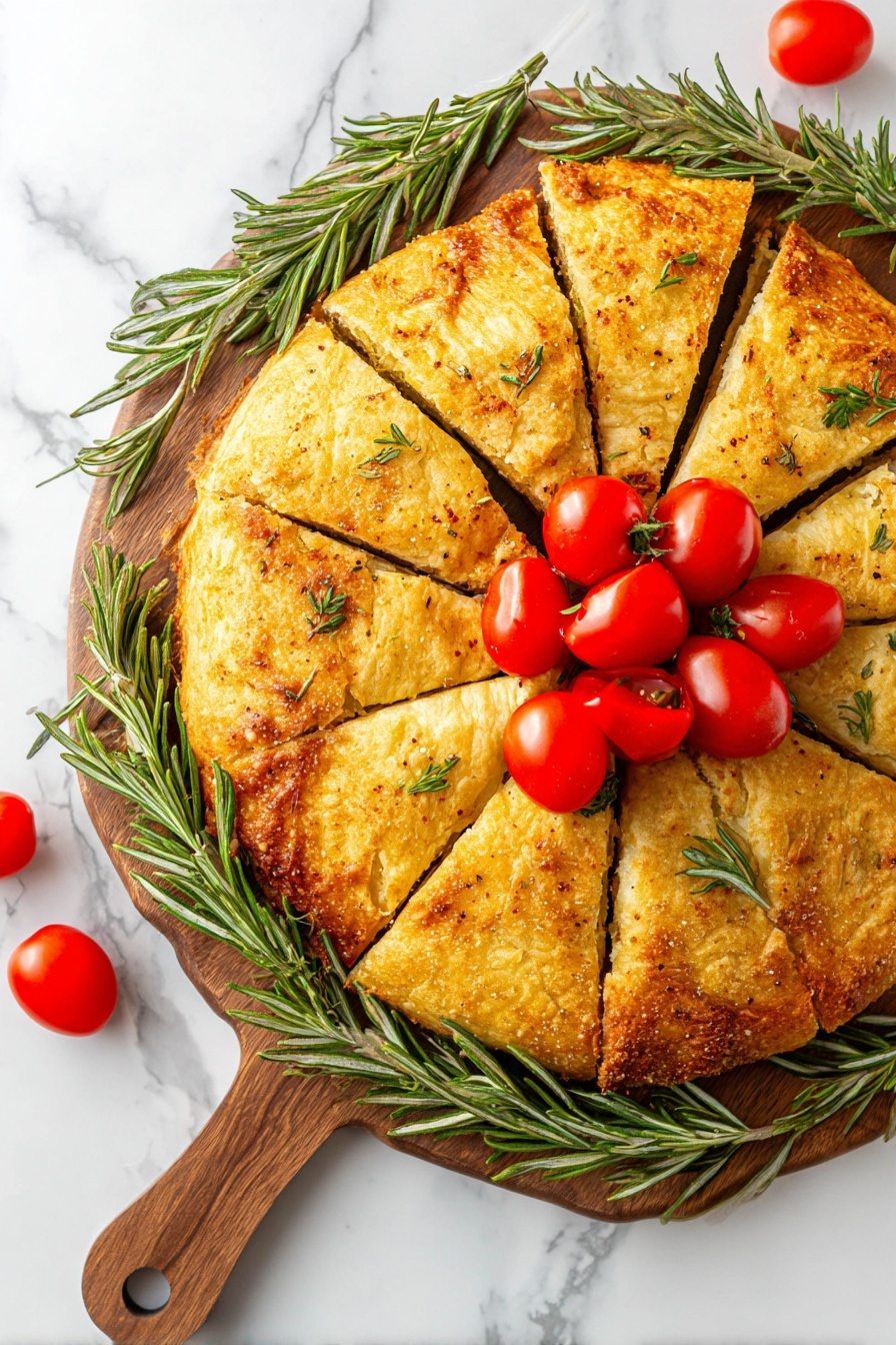 A golden-brown round pastry is cut into twelve triangular slices, arranged in a circle on a wooden board. The pastry has a slightly crispy texture with a hint of seasoning on top. Fresh green rosemary sprigs are placed around the edge of the board along with bright red cherry tomatoes, both on the board and resting on the pastry. More cherry tomatoes are grouped in the center of the pastry, creating a bright contrast with the golden crust. The whole setting rests on a white marbled surface. photo taken with an iphone --ar 2:3 --v 7 - Cheesy Pesto Wreath, easy pesto appetizer, savory puff pastry appetizer, party dip ideas, cheese and pesto bites