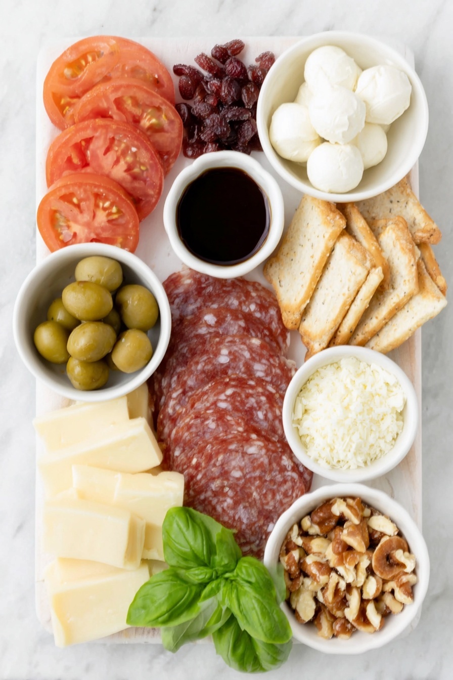 Flat lay of fresh tomato slices arranged in neat rounds, two fresh mozzarella balls sliced and fanned out, a small white bowl of extra virgin olive oil, a small white bowl of dark balsamic reduction, small pile of flaky sea salt crystals, assorted cheese cubes including cheddar and Manchego, thinly sliced cured salami pieces, a stack of assorted crackers and bruschetta toasts, a handful of small pretzel sticks, green olives in a small white bowl, dried apricots and figs, sliced half English cucumber, a small pile of mixed nuts, fresh basil leaves scattered artistically, a small mound of red pomegranate seeds, and a small white bowl holding chocolate Christmas candies placed on a clean white marble surface, soft natural light, photo taken with an iPhone, professional food photography style, fresh ingredients, white ceramic bowls, no bottles, no duplicates, no utensils, no packaging --ar 2:3 --v 7 --p m7354615311229779997 - Christmas Charcuterie Board, festive holiday appetizer, holiday party platter, easy Christmas appetizer, Christmas cheese board