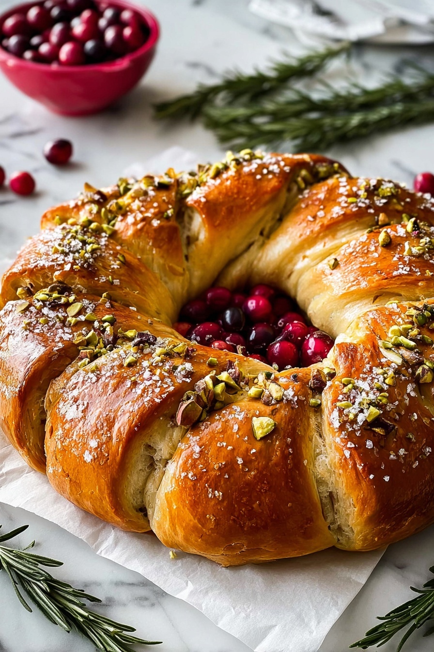 A golden-brown wreath-shaped bread with a shiny, smooth texture, topped with coarse salt, chopped pistachios, and rosemary leaves evenly spread over the surface. The bread is divided into large, soft segments by deep cuts that show a fluffy inside. Around the bread's center, there are red cranberries and green rosemary sprigs placed on white parchment paper. The whole setup sits on a white marbled surface with more rosemary sprigs and a blurred red bowl of cranberries in the background. photo taken with an iphone --ar 2:3 --v 7 - Cranberry Brie Crescent Wreath, festive appetizer, holiday appetizer, easy holiday appetizer, cheesy cranberry appetizer