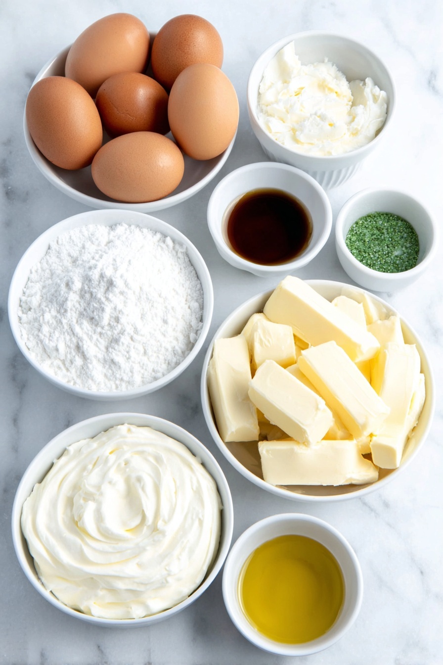 Flat lay of a small white ceramic bowl filled with smooth vegetable oil, three whole uncracked brown eggs, a small white ceramic bowl of clear water, a neat pile of pale yellow softened butter, a small white ceramic bowl heaped with fine white powdered sugar, a small white ceramic bowl of rich heavy cream, a small white ceramic bowl holding golden vanilla extract, a small white ceramic bowl containing bright green gel food coloring, a small white ceramic bowl with a pinch of fine salt, a scattering of tiny star-shaped gold sprinkles, and a few round shiny pearl sprinkles, all arranged with perfect symmetry on a clean white marble surface, soft natural light, photo taken with an iPhone, professional food photography style, fresh ingredients, white ceramic bowls, no bottles, no duplicates, no utensils, no packaging --ar 2:3 --v 7 --p m7354615311229779997 - Christmas Tree Cupcakes, festive holiday cupcakes, Christmas tree baking ideas, holiday cupcake recipes, cute Christmas dessert
