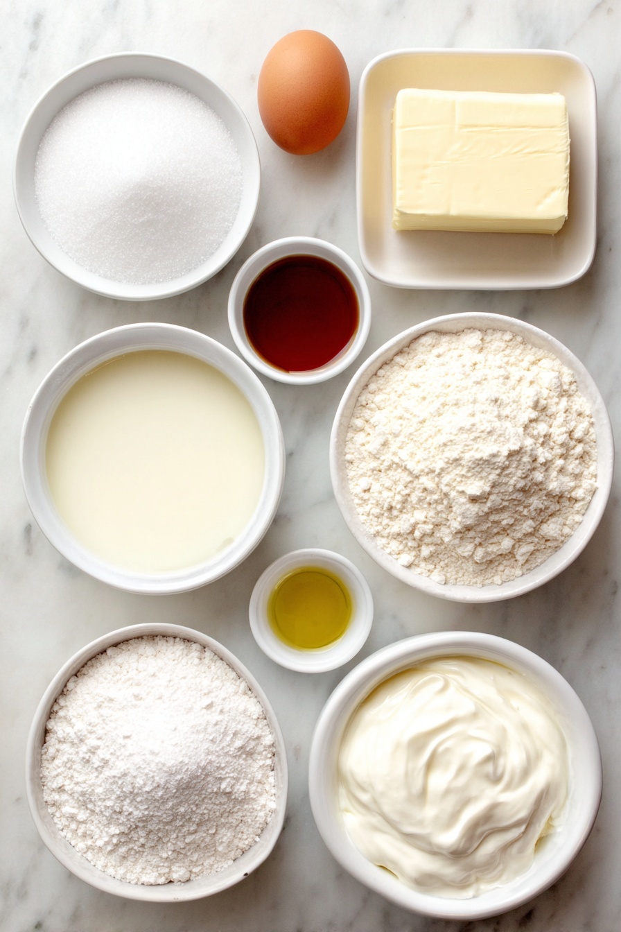 Flat lay of a small pile of fine white cake flour, a small mound of granulated sugar, a small heap of baking powder, a tiny heap of baking soda, a pinch of salt crystals, a quarter block of pale yellow salted butter, two whole brown eggs with clean shells, a small white bowl filled with thick creamy sour cream, a small white bowl of light golden vegetable oil, a small white bowl containing amber vanilla extract, a small white bowl with whole milk, a small mound of powdered sugar, a small white bowl holding heavy cream, all arranged with perfect symmetry on a clean white marble surface, soft natural light, photo taken with an iPhone, professional food photography style, fresh ingredients, white ceramic bowls, no bottles, no duplicates, no utensils, no packaging --ar 2:3 --v 7 --p m7354615311229779997 - Christmas Vanilla Cupcakes with Buttercream, festive vanilla cupcake recipe, holiday cupcake ideas, moist vanilla cupcakes with buttercream, easy Christmas cupcake recipe